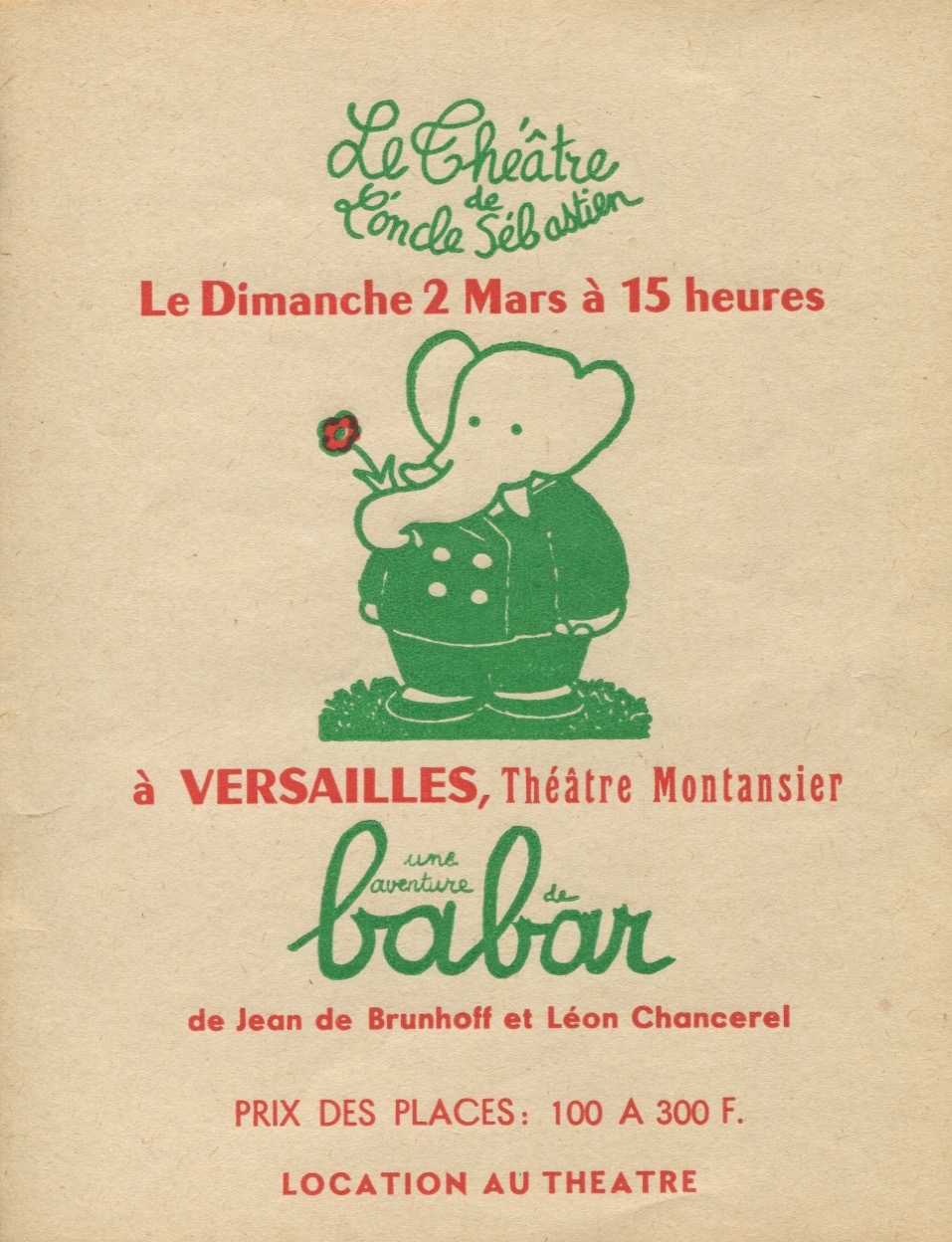 Programme promotionnel pour Une Aventure de Babar, mise en scène de B. Lajarrige au Théâtre Montansier, 1957, SHT, Fonds Léon Chancerel, Boîte BIV (1)