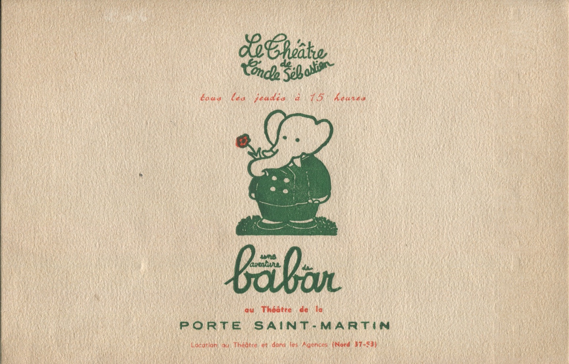 Programme promotionnel pour Une Aventure de Babar, mise en scène de B. Lajarrige au Théâtre de la Porte Saint-Martin, 1957, SHT, Fonds Léon Chancerel, Boîte BIV (1)