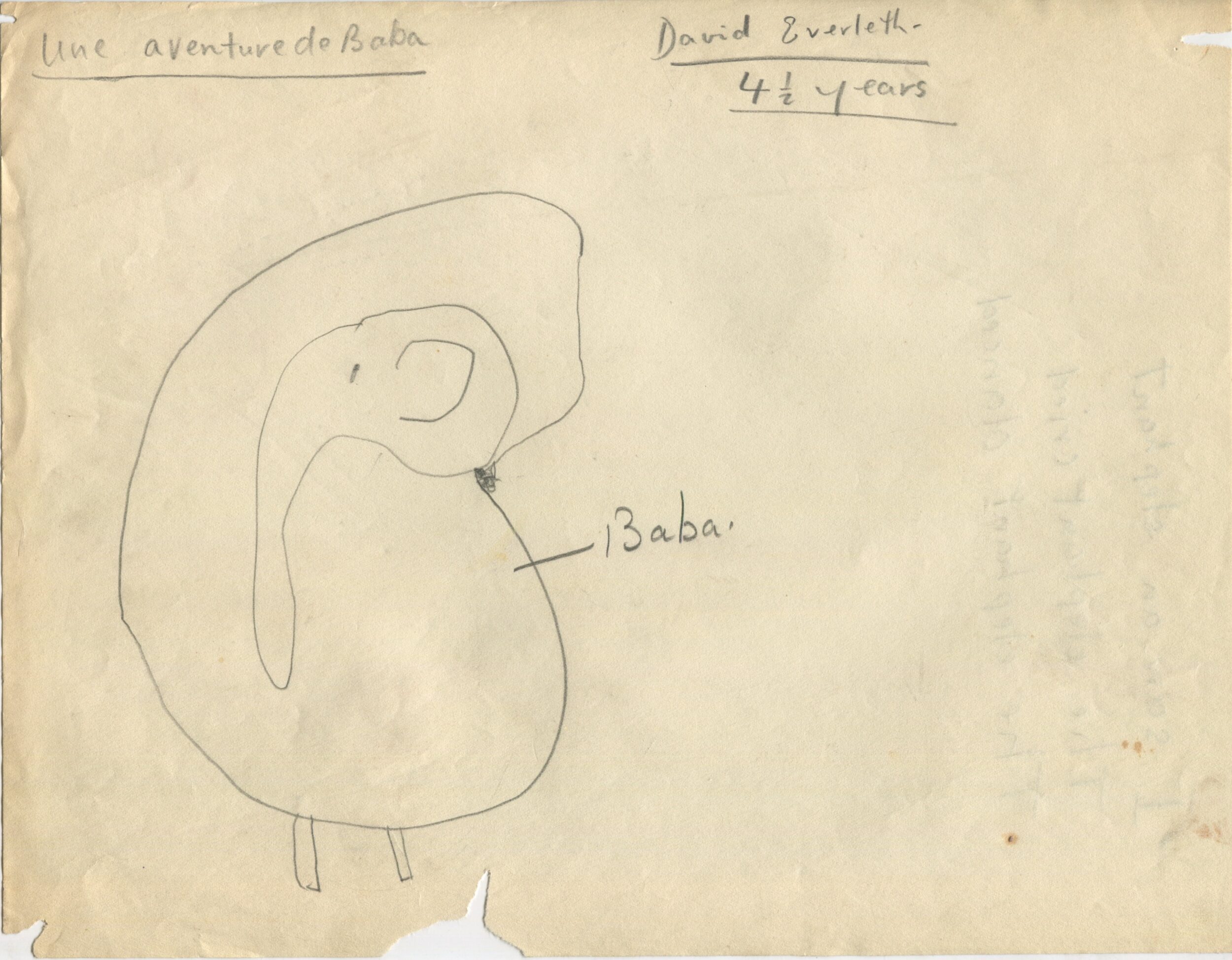 Dessin d'enfant réalisé à partir d'une représentation d'Une Aventure de Babar (1936) en Angleterre, recto, s.d.[1936 ?], SHT, Fonds Léon Chancerel, Boîte R48(3) (4)