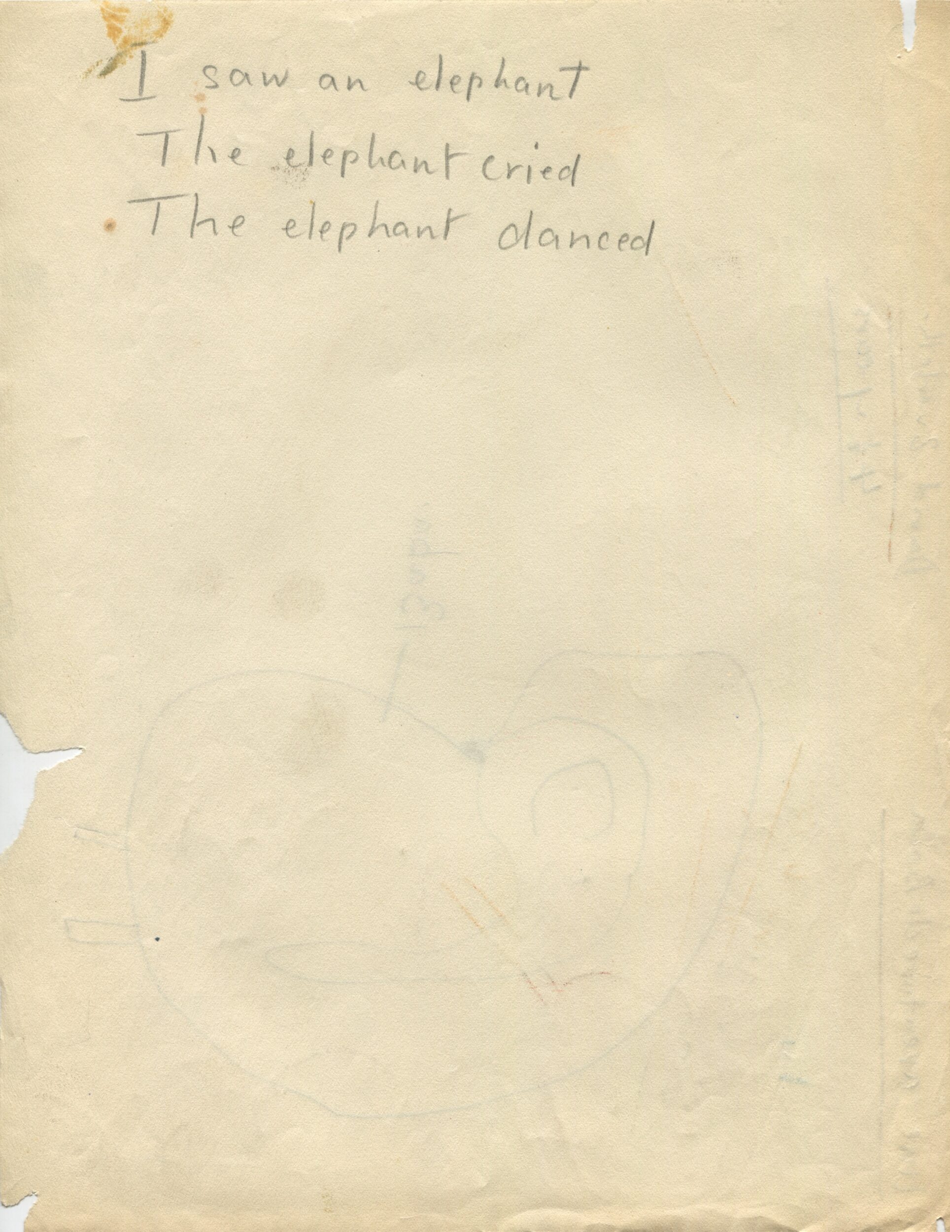 Dessin d'enfant réalisé à partir d'une représentation d'Une Aventure de Babar (1936) en Angleterre, verso, s.d.[1936 ?], SHT, Fonds Léon Chancerel, Boîte R48(3) (4)
