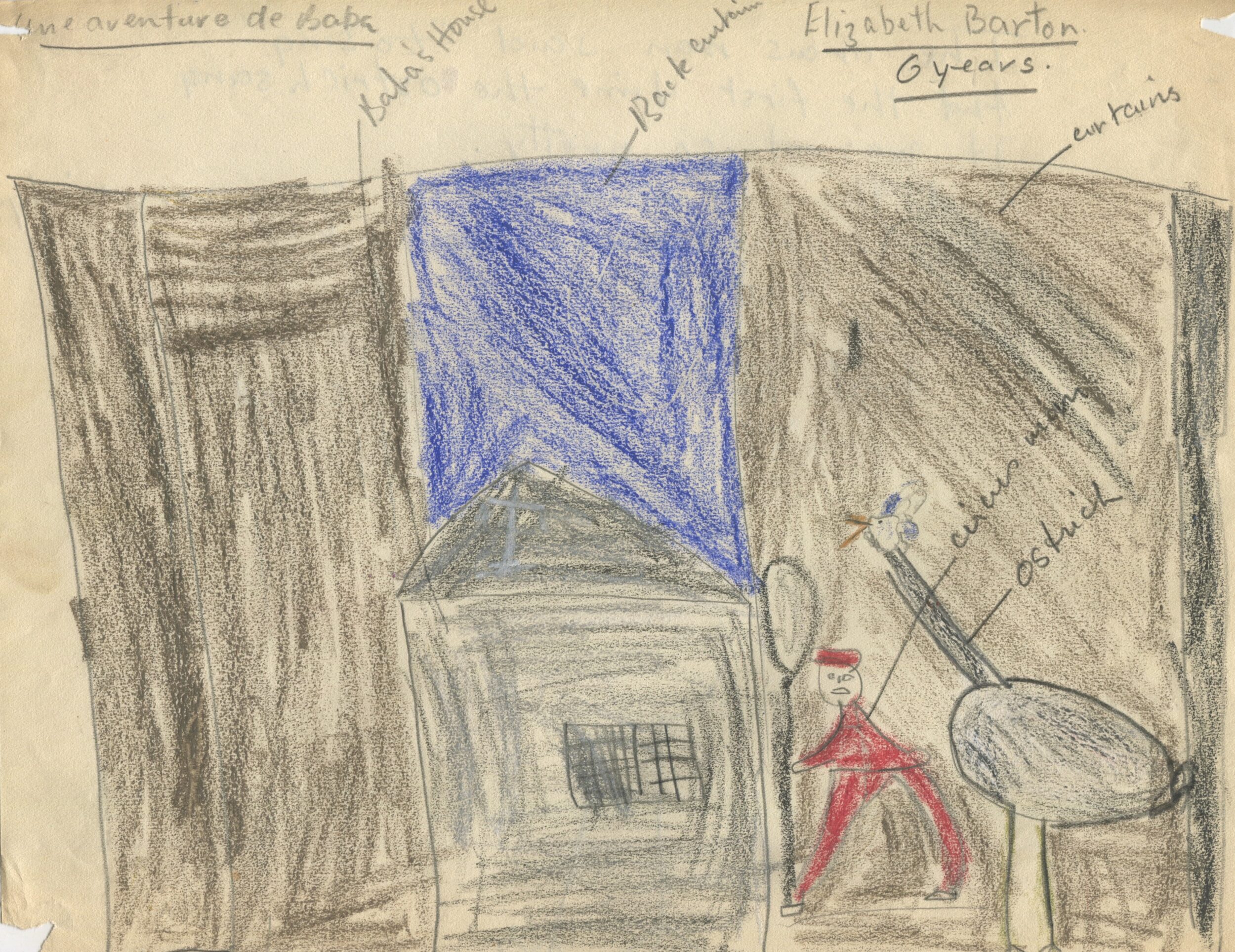 Dessin d'enfant réalisé à partir d'une représentation d'Une Aventure de Babar (1936) en Angleterre, recto, s.d.[1936 ?], SHT, Fonds Léon Chancerel, Boîte R48(3) (4)