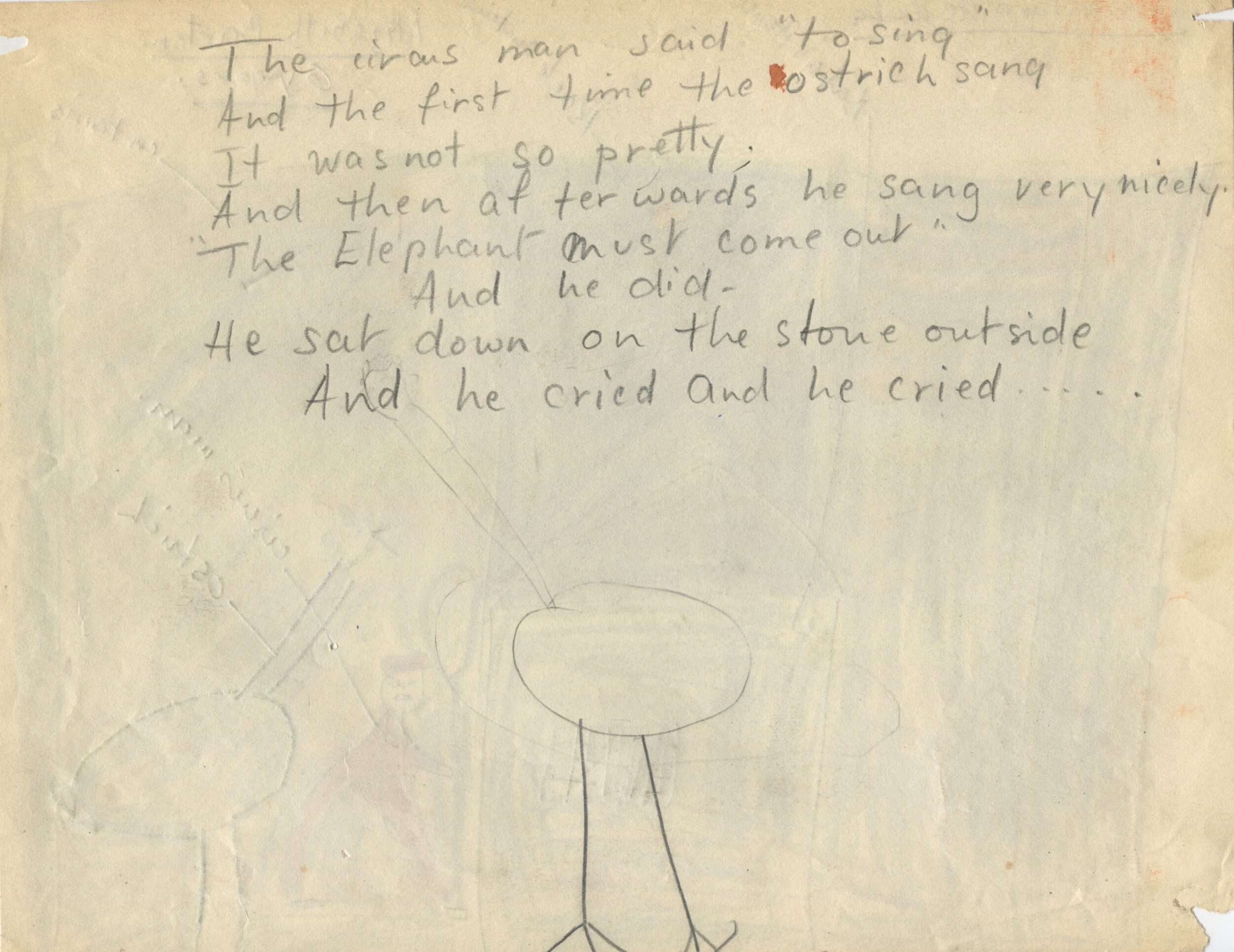 Dessin d'enfant réalisé à partir d'une représentation d'Une Aventure de Babar (1936) en Angleterre, verso, s.d.[1936 ?], SHT, Fonds Léon Chancerel, Boîte R48(3) (4)