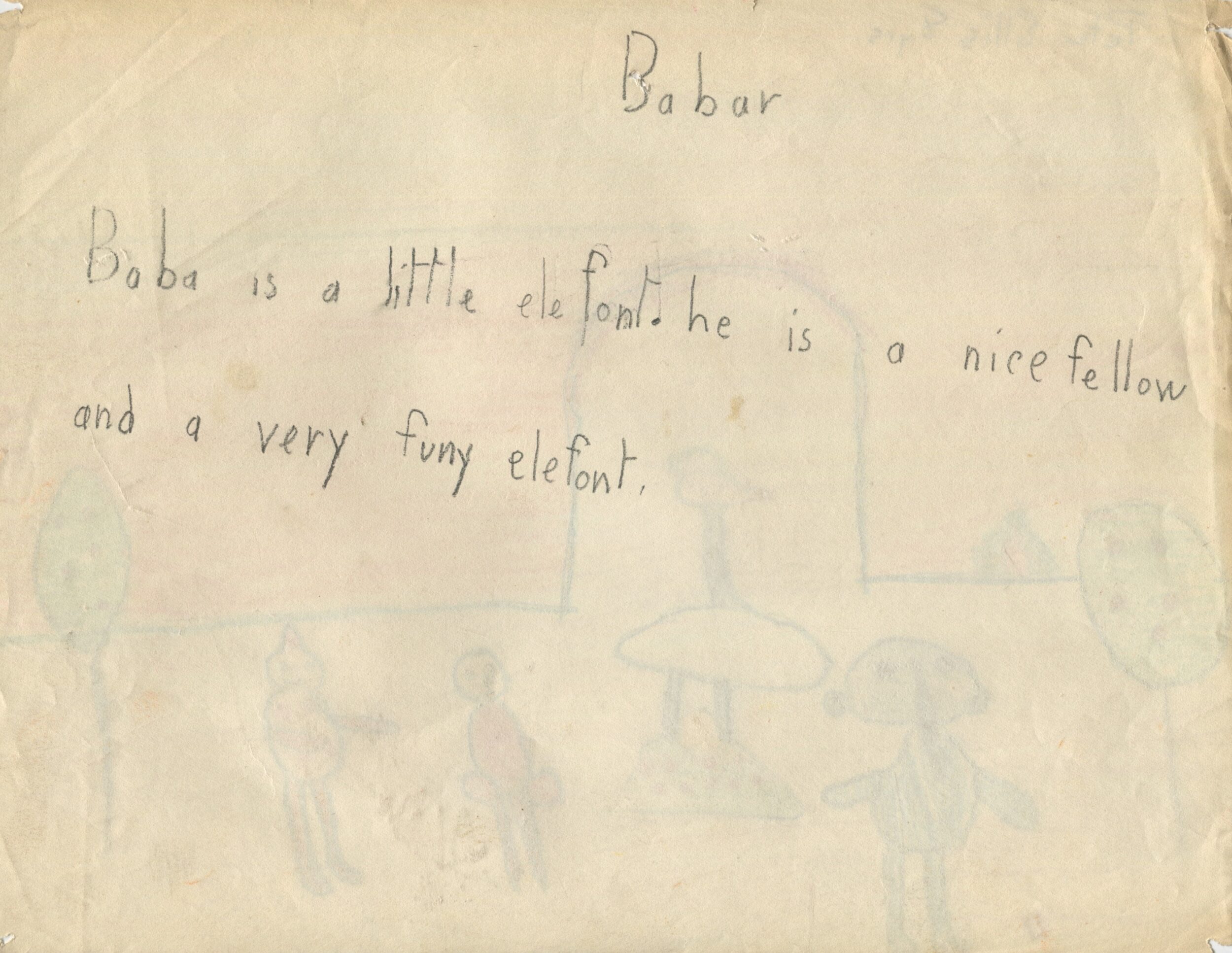 Dessin d'enfant réalisé à partir d'une représentation d'Une Aventure de Babar (1936) en Angleterre, verso, s.d.[1936 ?], SHT, Fonds Léon Chancerel, Boîte R48(3) (4)
