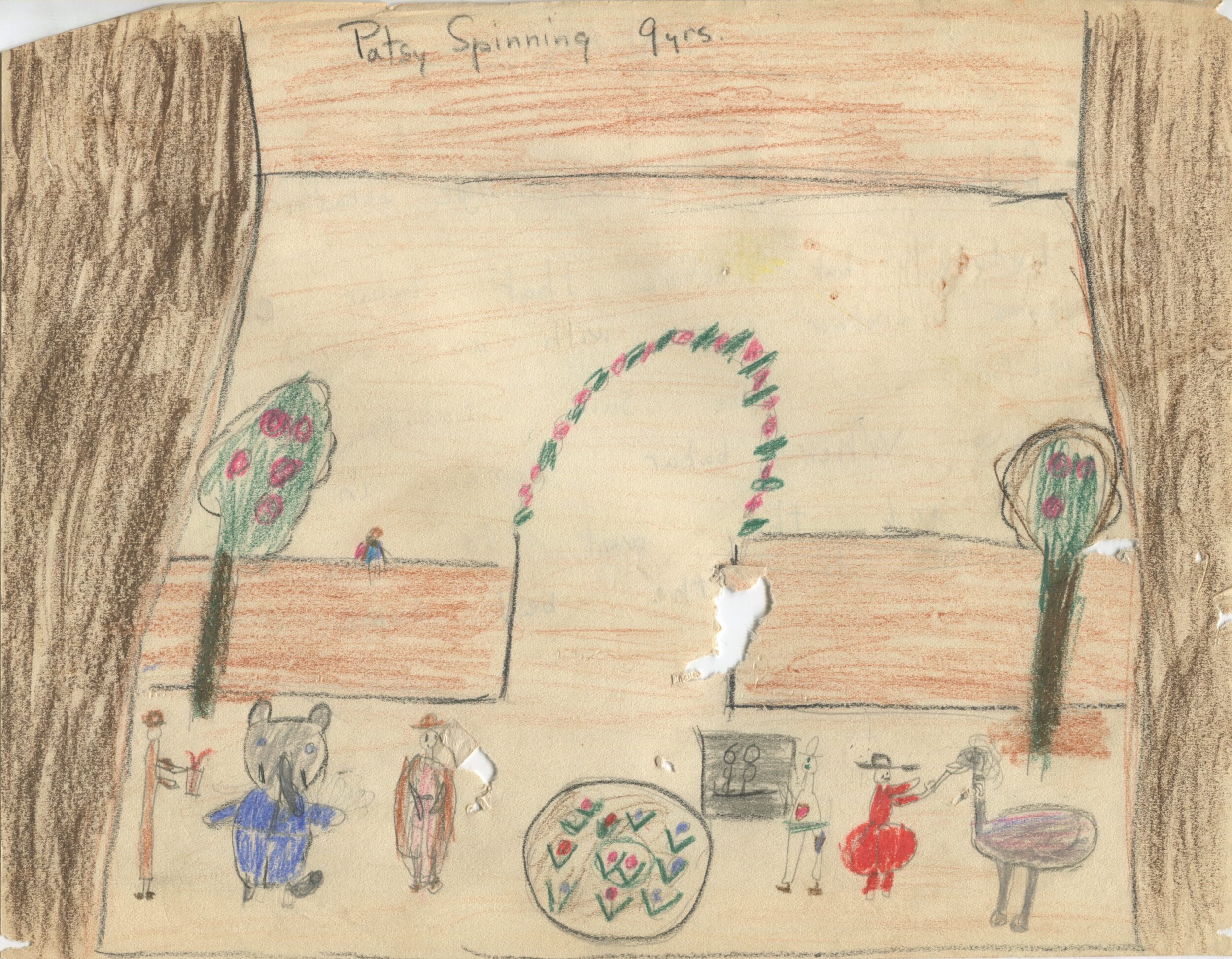 Dessin d'enfant réalisé à partir d'une représentation d'Une Aventure de Babar (1936) en Angleterre, recto, s.d.[1936 ?], SHT, Fonds Léon Chancerel, Boîte R48(3) (4)