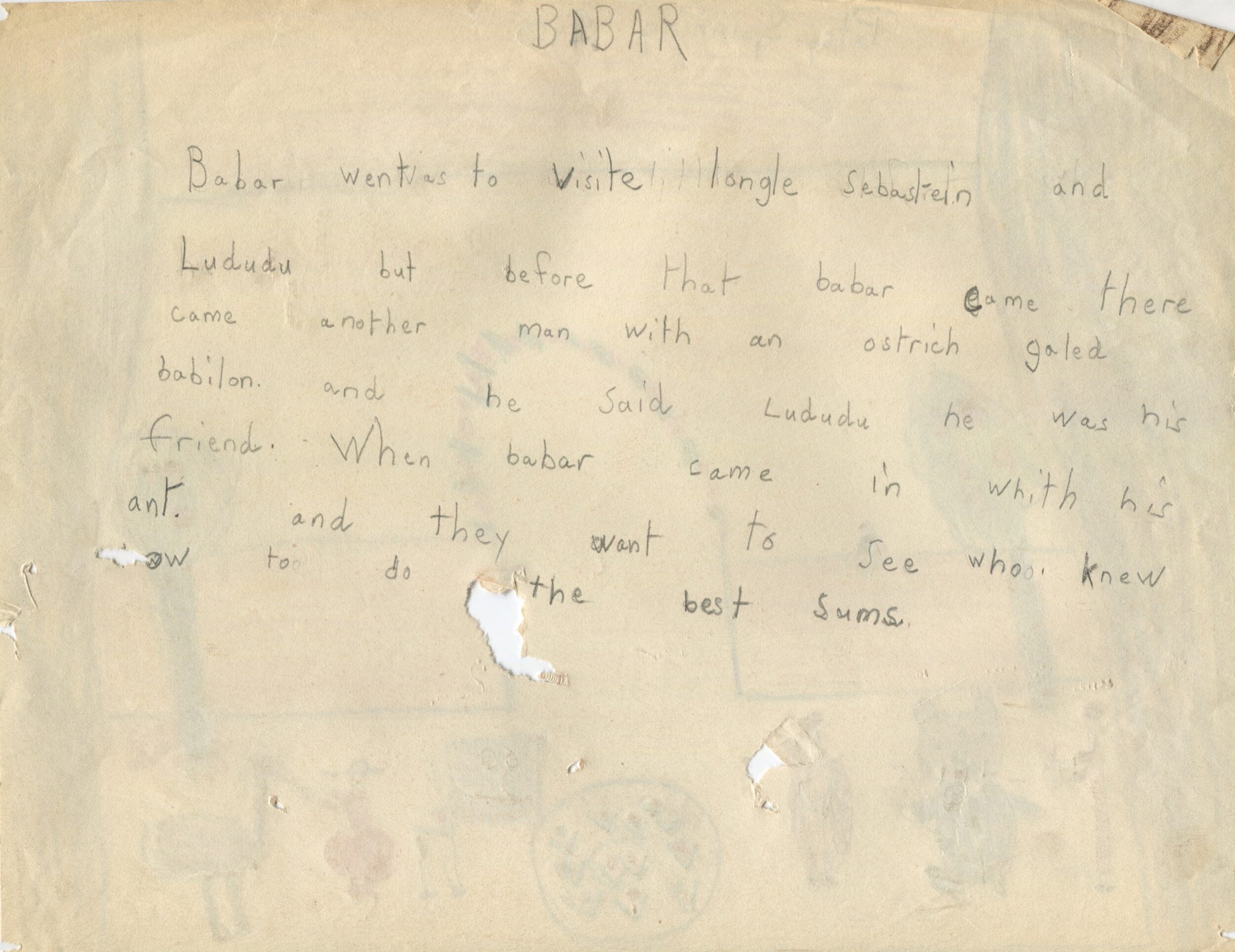 Dessin d'enfant réalisé à partir d'une représentation d'Une Aventure de Babar (1936) en Angleterre, verso, s.d.[1936 ?], SHT, Fonds Léon Chancerel, Boîte R48(3) (4)