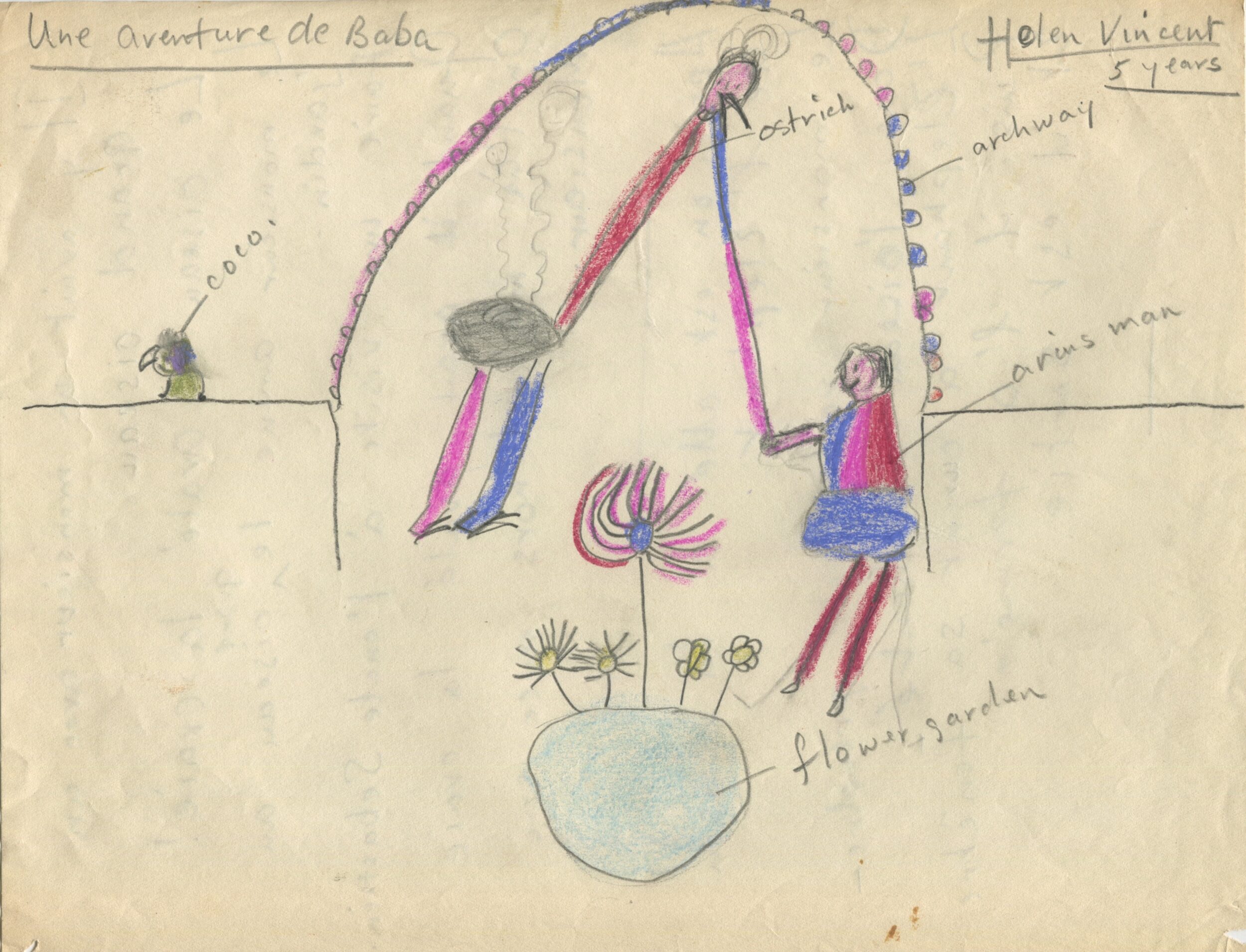 Dessin d'enfant réalisé à partir d'une représentation d'Une Aventure de Babar (1936) en Angleterre, recto, s.d.[1936 ?], SHT, Fonds Léon Chancerel, Boîte R48(3) (4)