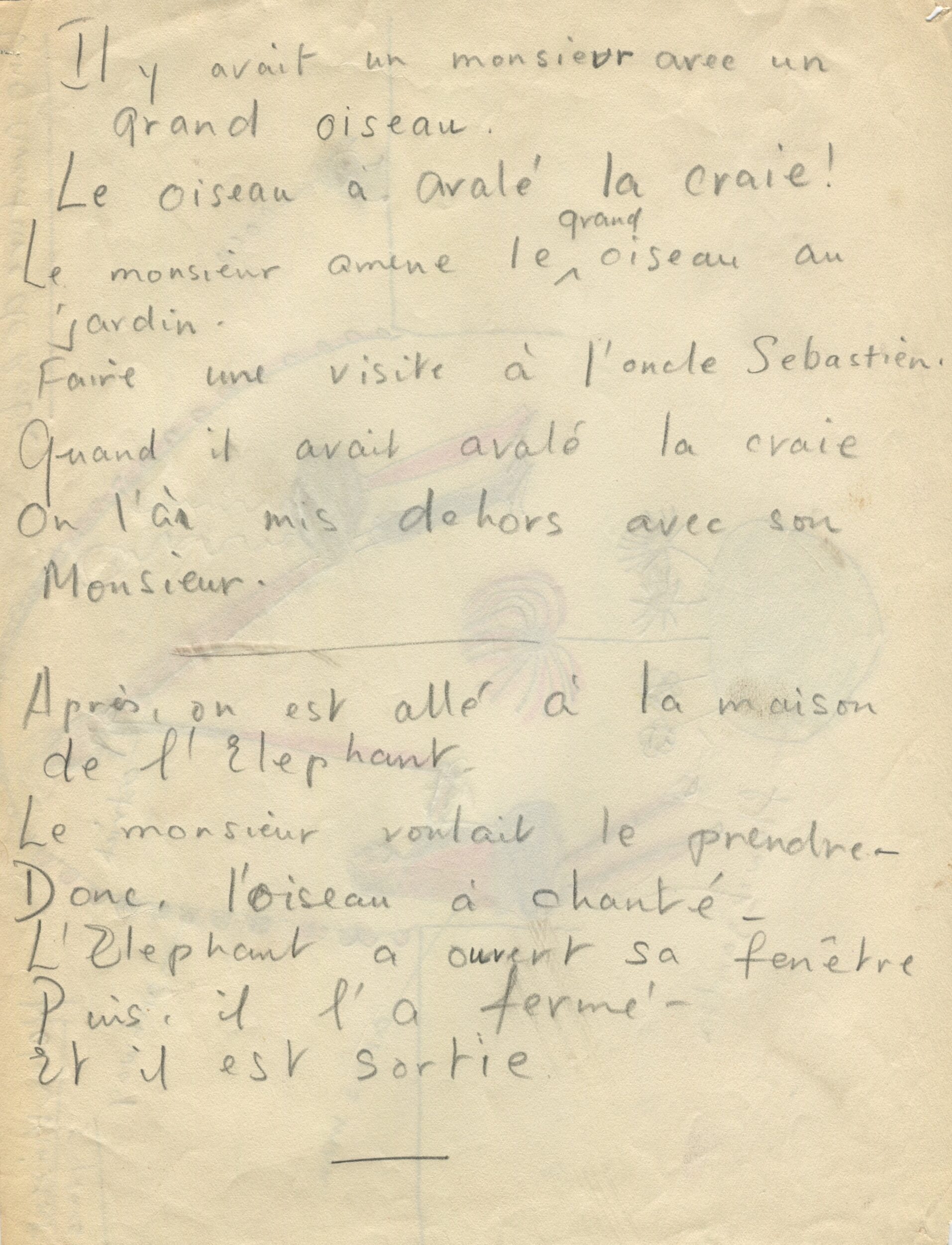 Dessin d'enfant réalisé à partir d'une représentation d'Une Aventure de Babar (1936) en Angleterre, verso, s.d.[1936 ?], SHT, Fonds Léon Chancerel, Boîte R48(3) (4)