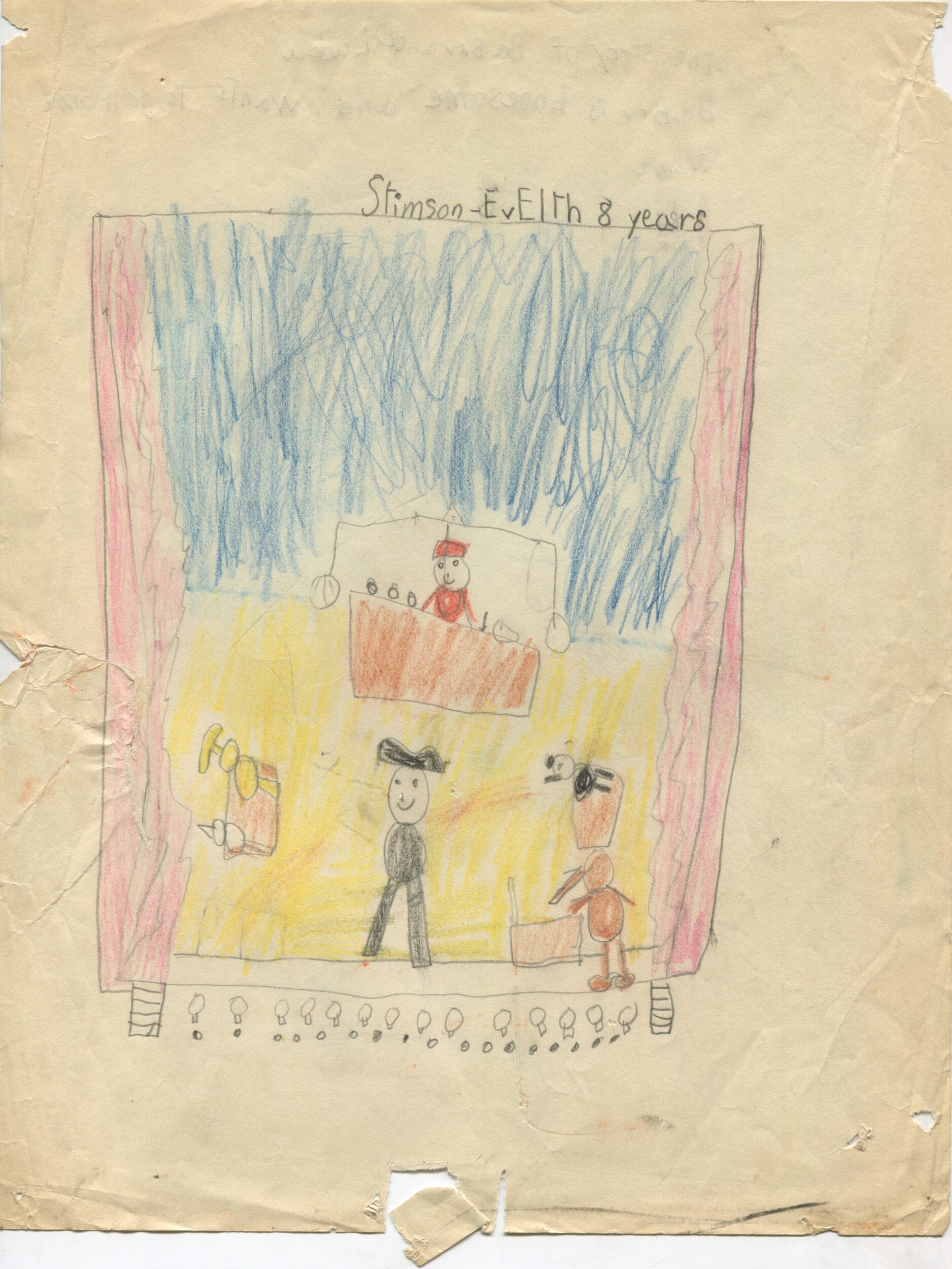 Dessin d'enfant réalisé à partir d'une représentation d'Une Aventure de Babar (1936) en Angleterre, recto, s.d.[1936 ?], SHT, Fonds Léon Chancerel, Boîte R48(3) (4)