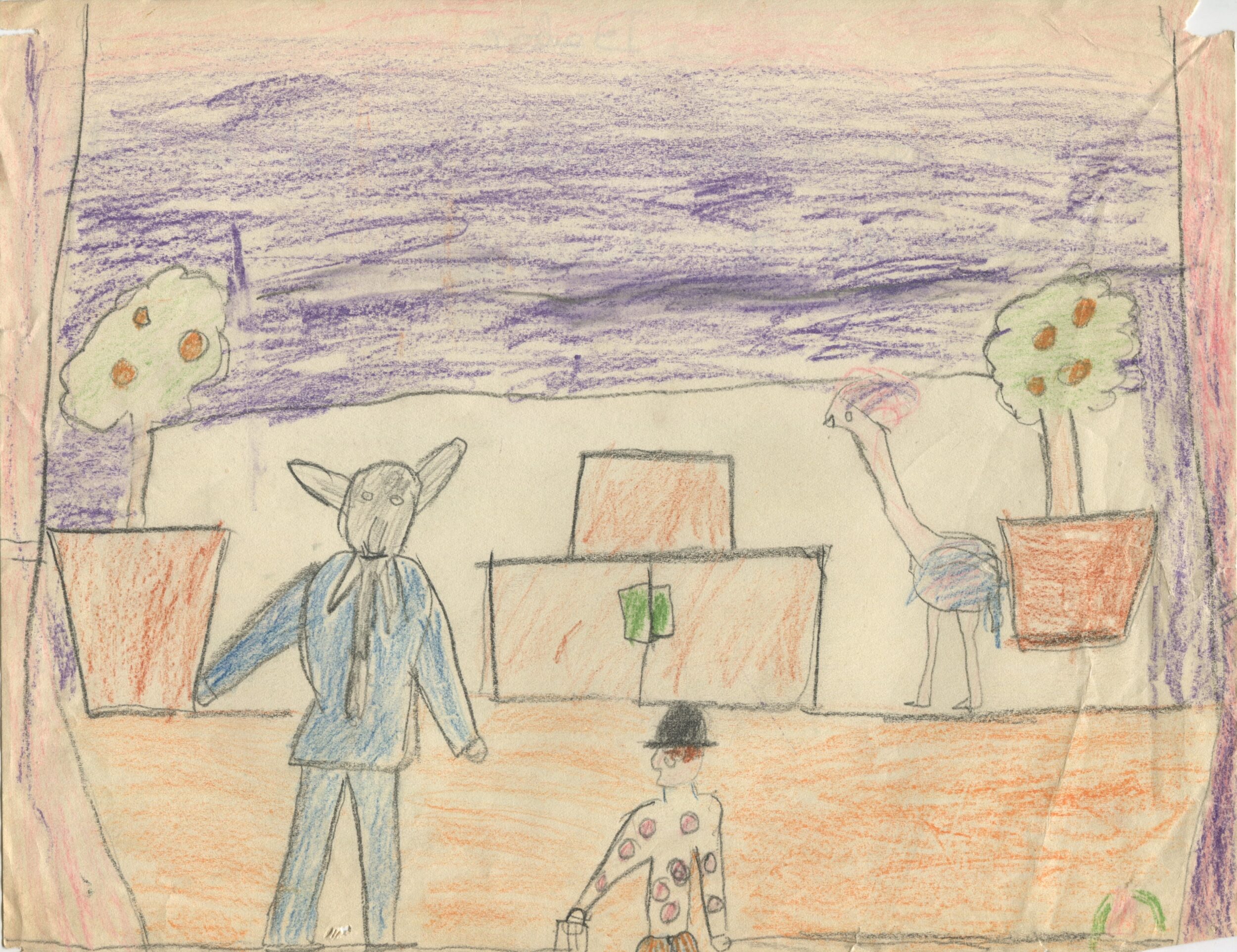Dessin d'enfant réalisé à partir d'une représentation d'Une Aventure de Babar (1936) en Angleterre, recto, s.d.[1936 ?], SHT, Fonds Léon Chancerel, Boîte R48(3) (4)