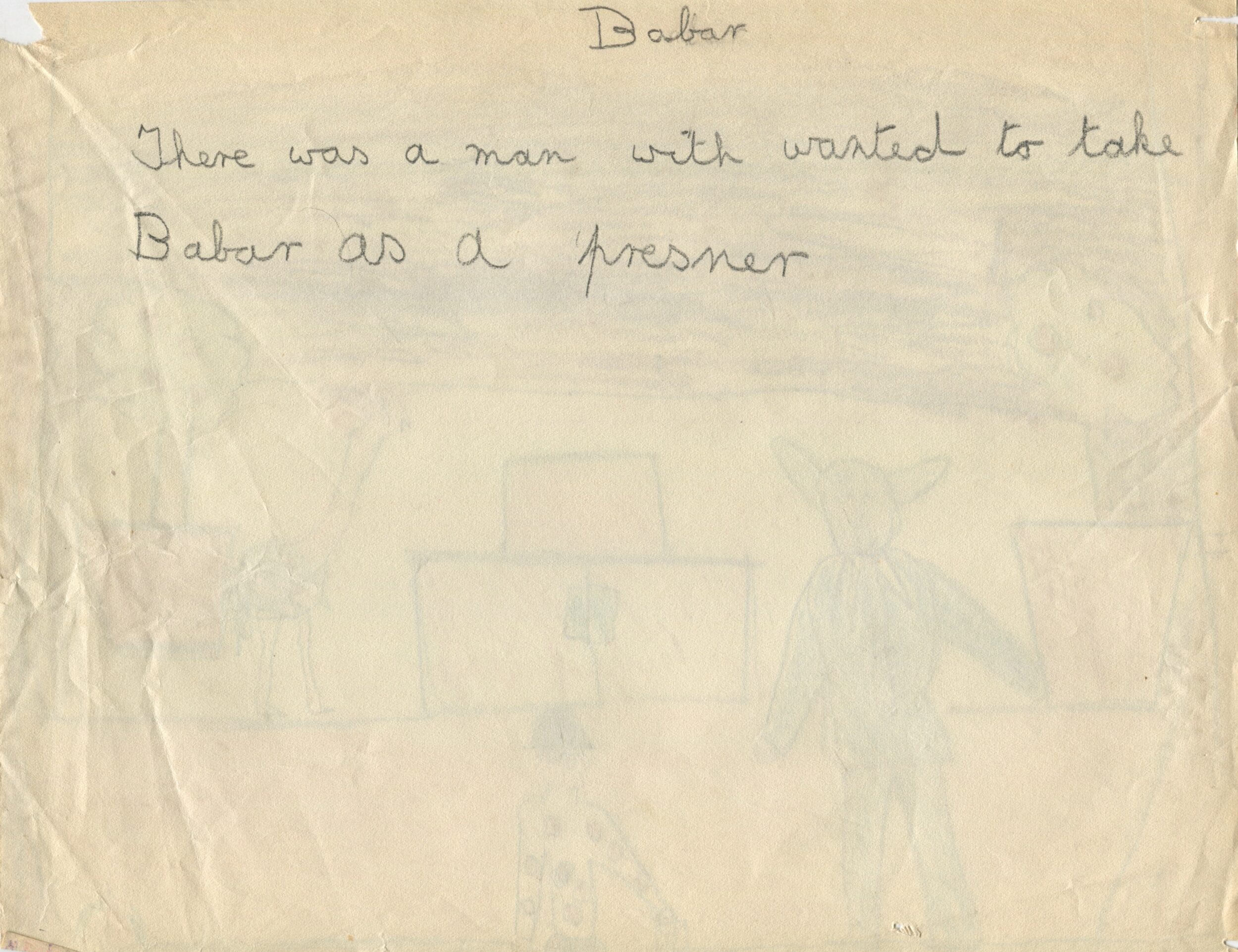 Dessin d'enfant réalisé à partir d'une représentation d'Une Aventure de Babar (1936) en Angleterre, verso, s.d.[1936 ?], SHT, Fonds Léon Chancerel, Boîte R48(3) (4)