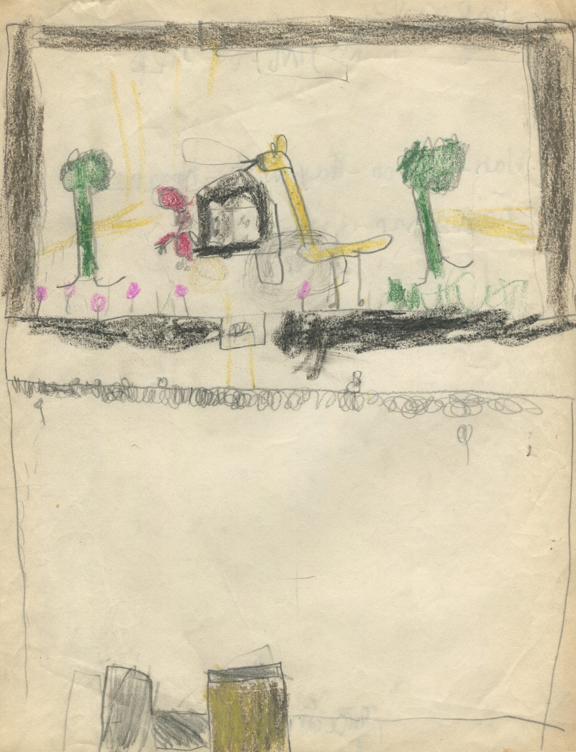 Dessin d'enfant réalisé à partir d'une représentation d'Une Aventure de Babar (1936) en Angleterre, recto, s.d.[1936 ?], SHT, Fonds Léon Chancerel, Boîte R48(3) (4)