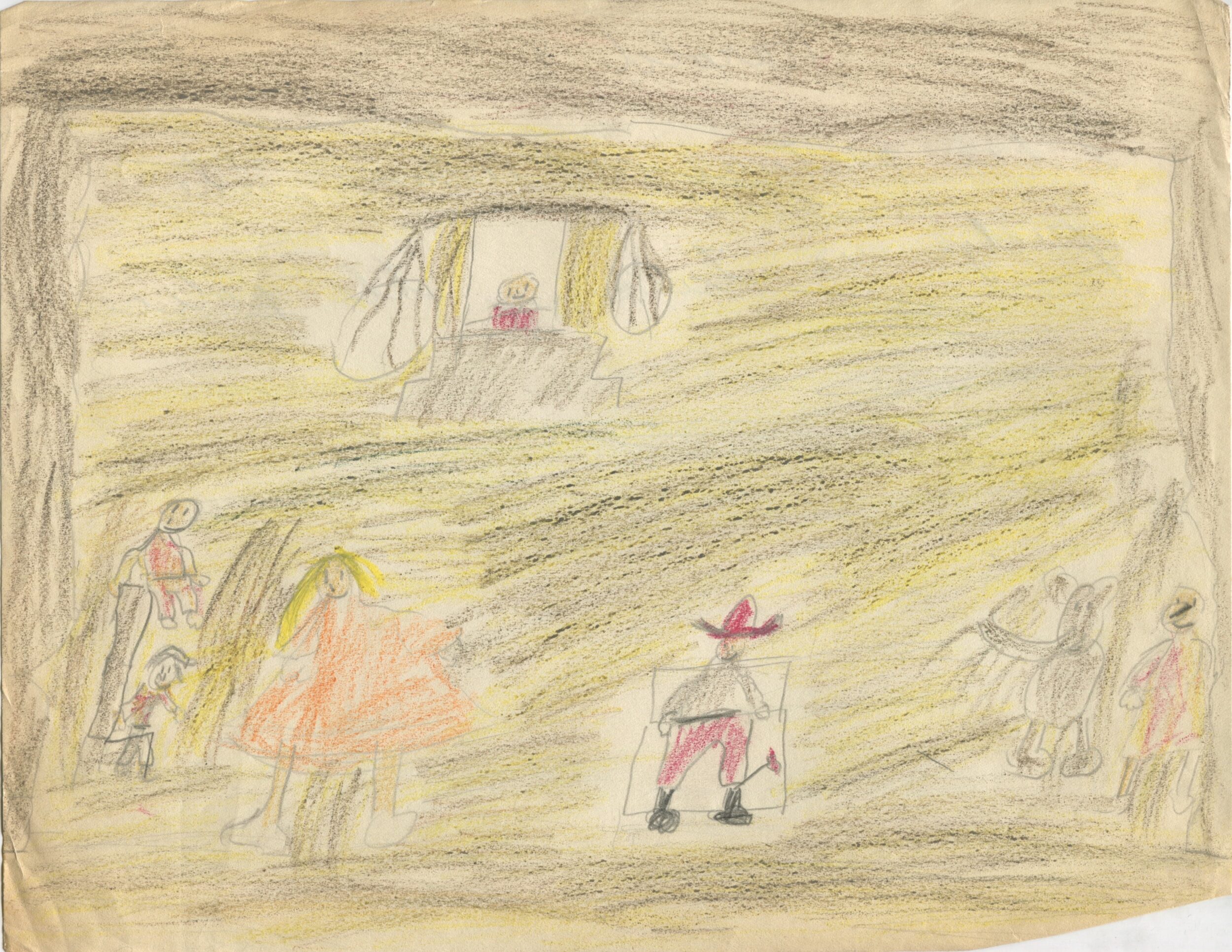 Dessin d'enfant réalisé à partir d'une représentation d'Une Aventure de Babar (1936) en Angleterre, recto, s.d.[1936 ?], SHT, Fonds Léon Chancerel, Boîte R48(3) (4)
