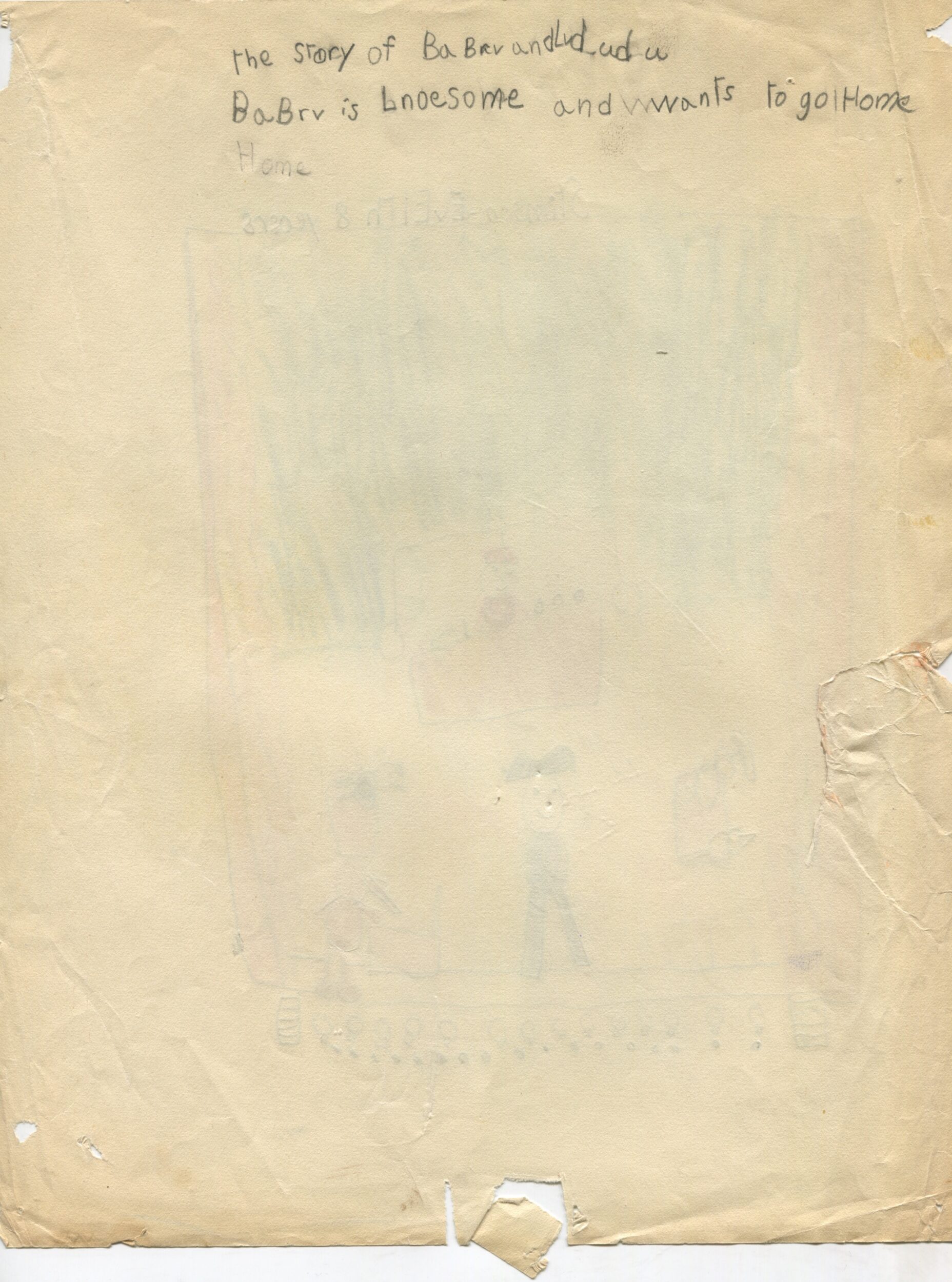 Dessin d'enfant réalisé à partir d'une représentation d'Une Aventure de Babar (1936) en Angleterre, verso, s.d.[1936 ?], SHT, Fonds Léon Chancerel, Boîte R48(3) (4)