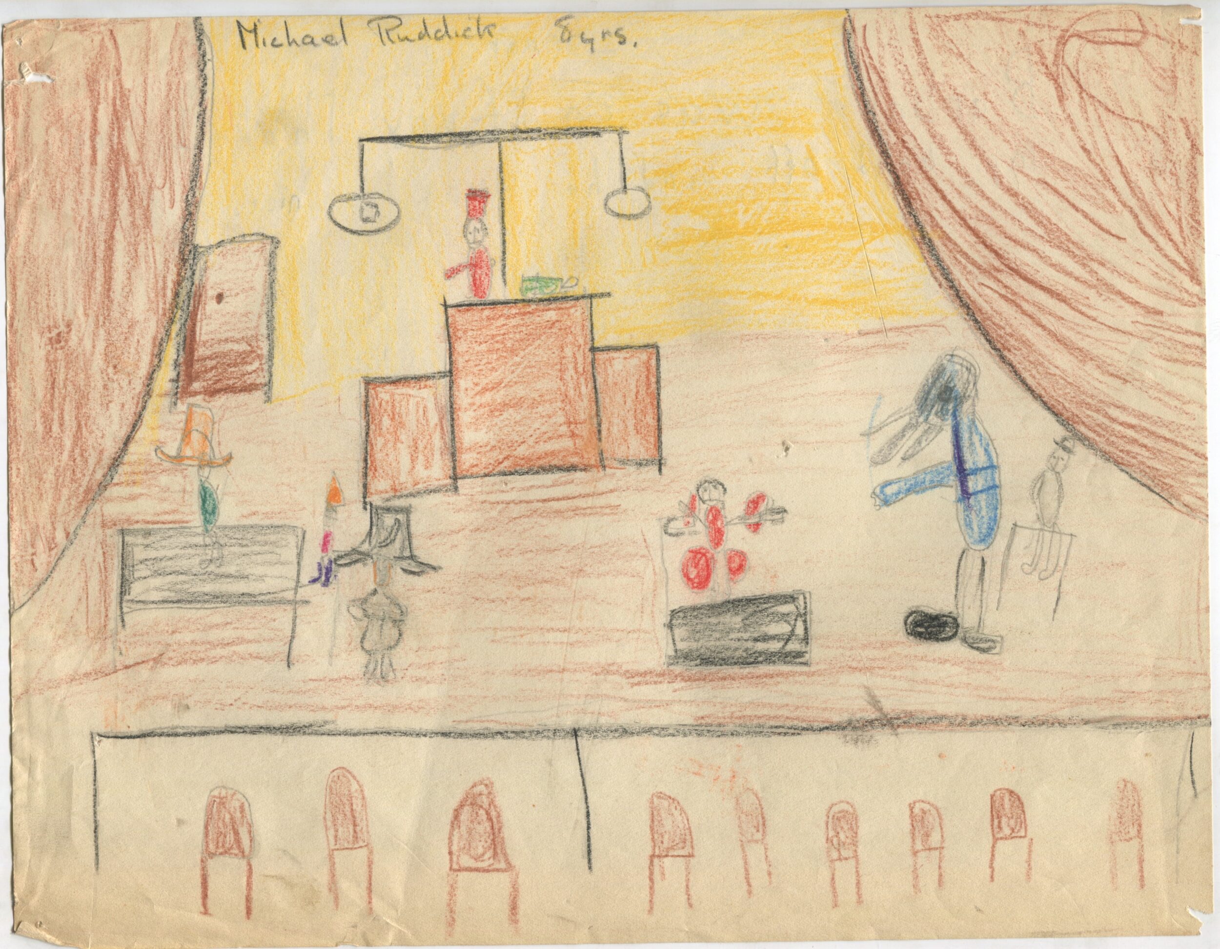 Dessin d'enfant réalisé à partir d'une représentation d'Une Aventure de Babar (1936) en Angleterre, recto, s.d.[1936 ?], SHT, Fonds Léon Chancerel, Boîte R48(3) (4)