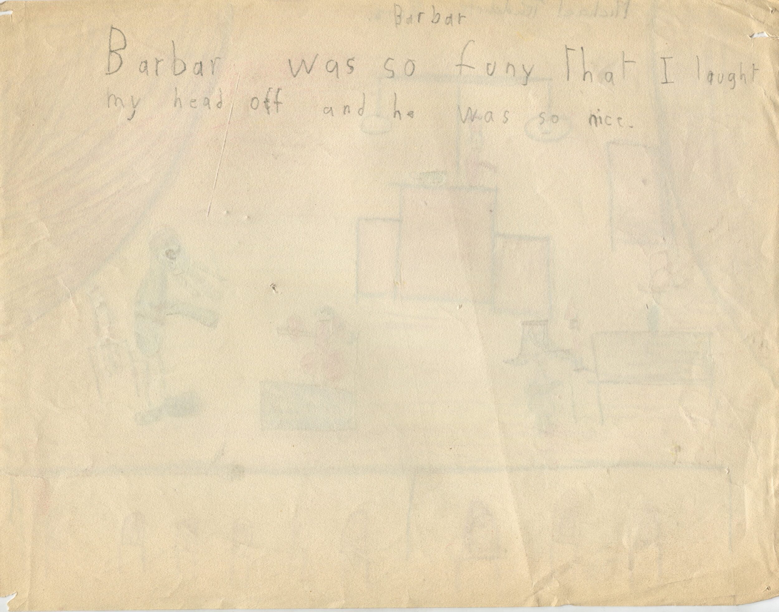 Dessin d'enfant réalisé à partir d'une représentation d'Une Aventure de Babar (1936) en Angleterre, verso, s.d.[1936 ?], SHT, Fonds Léon Chancerel, Boîte R48(3) (4)