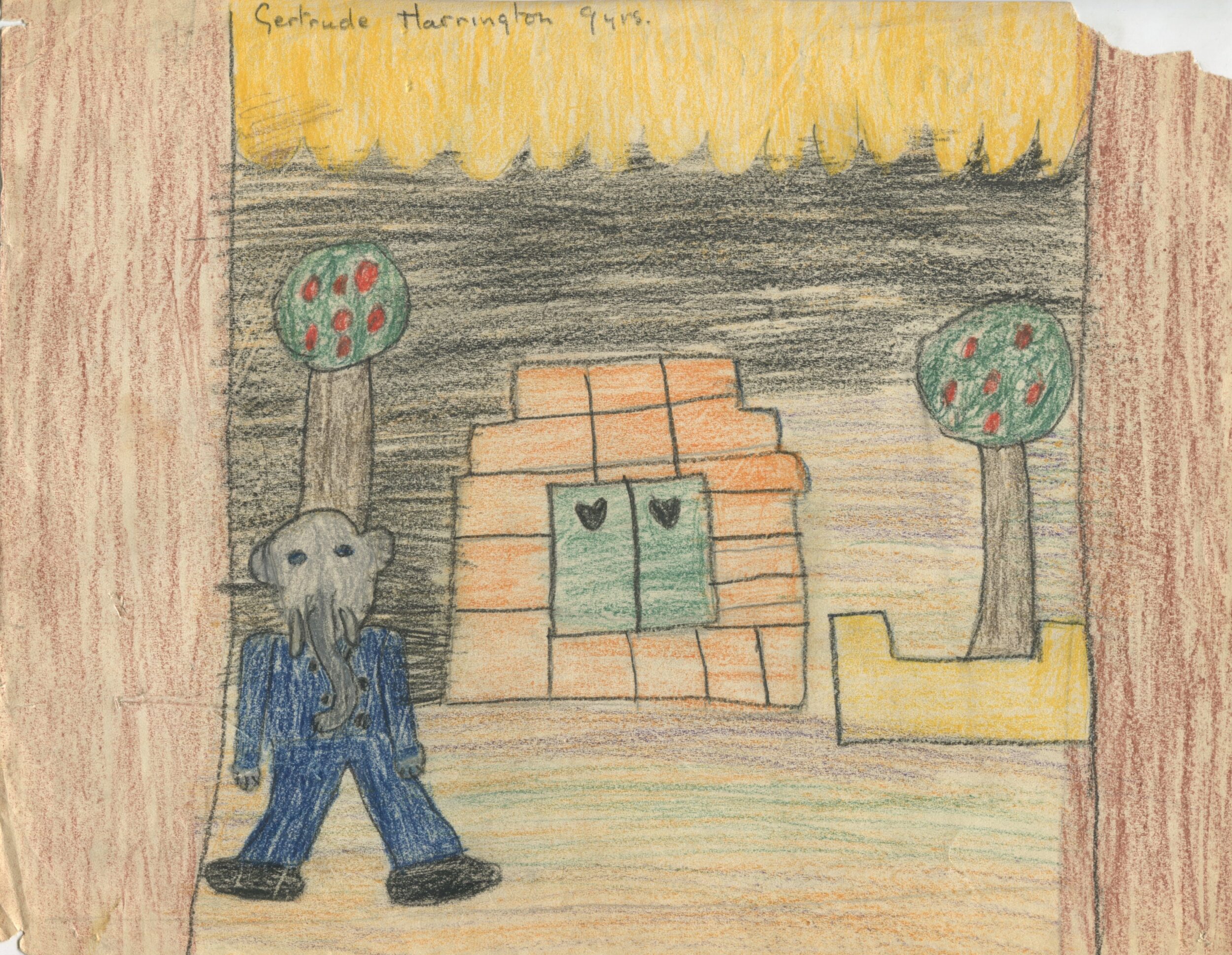 Dessin d'enfant réalisé à partir d'une représentation d'Une Aventure de Babar (1936) en Angleterre, recto, s.d.[1936 ?], SHT, Fonds Léon Chancerel, Boîte R48(3) (4)