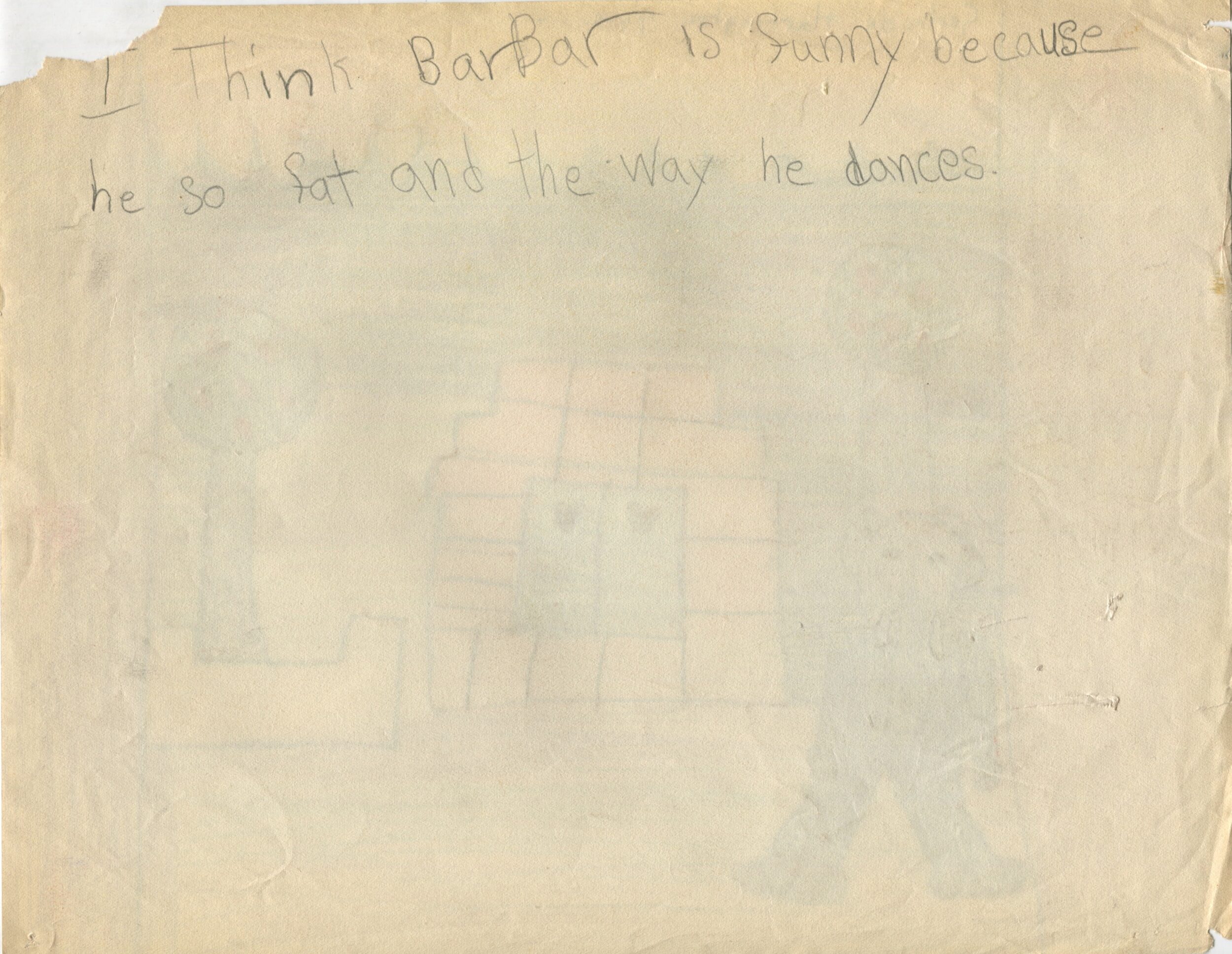 Dessin d'enfant réalisé à partir d'une représentation d'Une Aventure de Babar (1936) en Angleterre, verso, s.d.[1936 ?], SHT, Fonds Léon Chancerel, Boîte R48(3) (4)