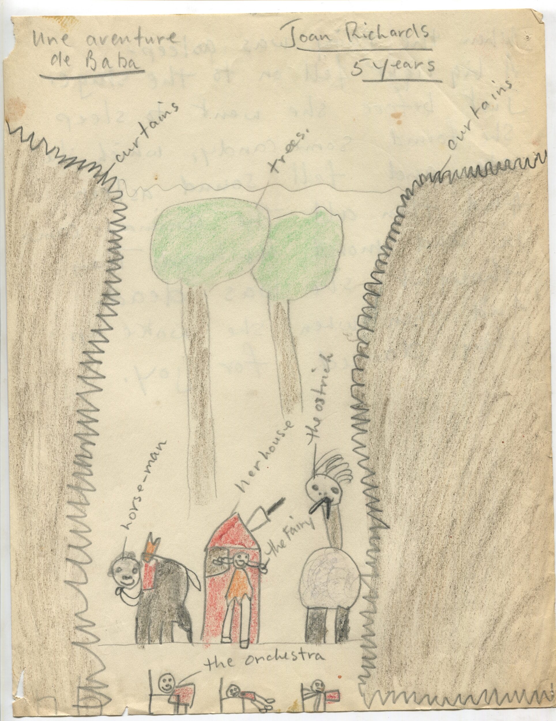 Dessin d'enfant réalisé à partir d'une représentation d'Une Aventure de Babar (1936) en Angleterre, recto, s.d.[1936 ?], SHT, Fonds Léon Chancerel, Boîte R48(3) (4)