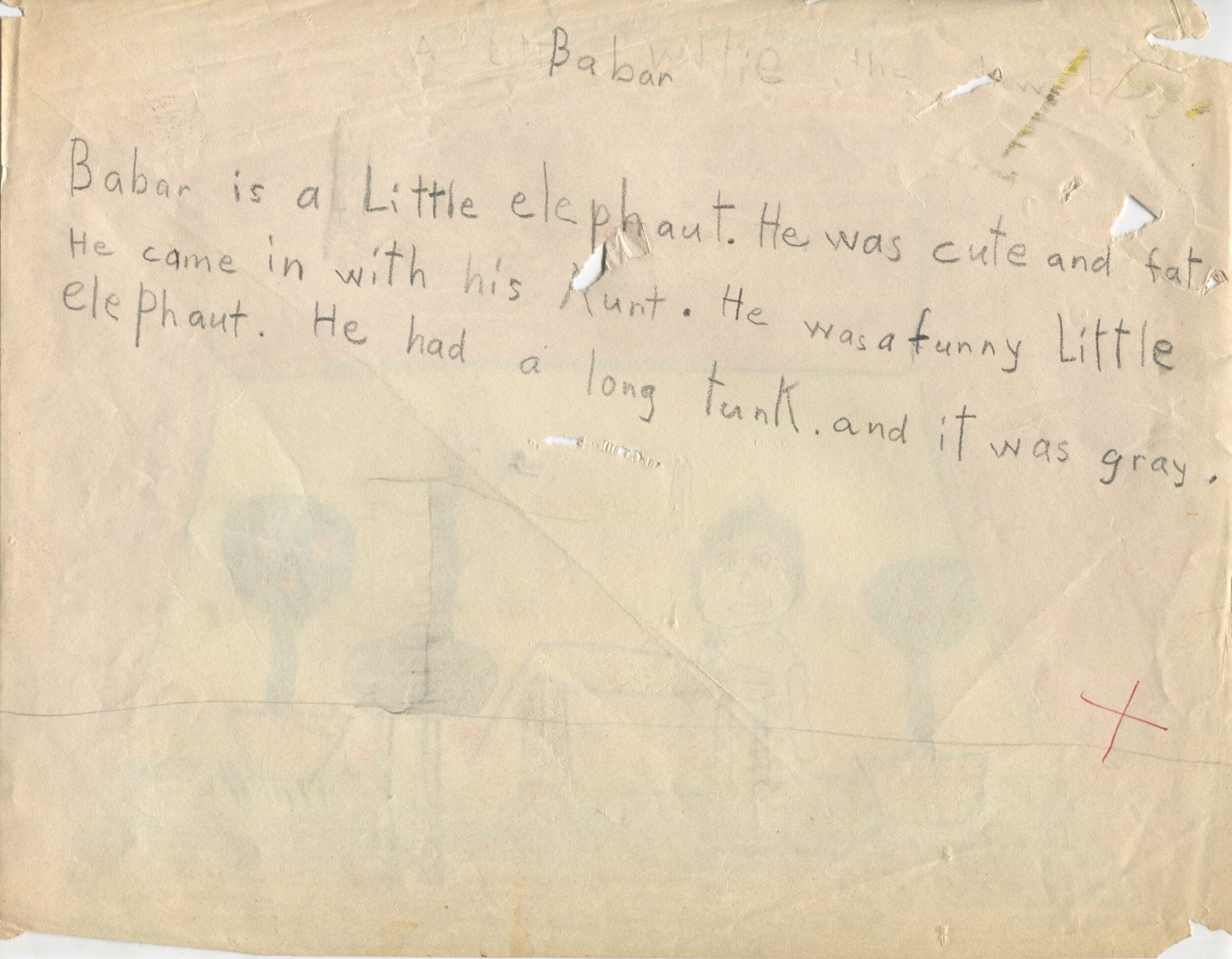 Dessin d'enfant réalisé à partir d'une représentation d'Une Aventure de Babar (1936) en Angleterre, verso, s.d.[1936 ?], SHT, Fonds Léon Chancerel, Boîte R48(3) (4)