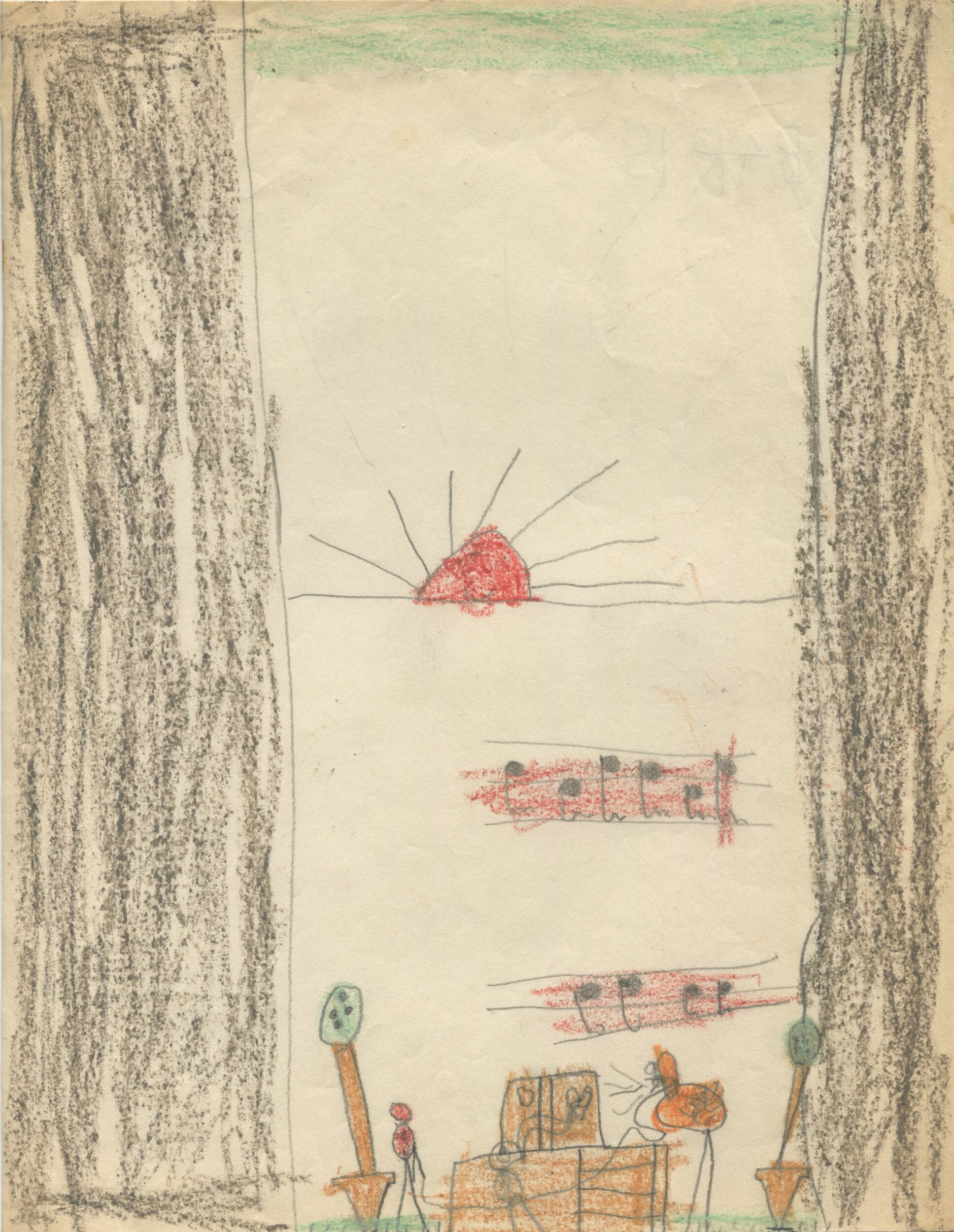 Dessin d'enfant réalisé à partir d'une représentation d'Une Aventure de Babar (1936) en Angleterre, recto, s.d.[1936 ?], SHT, Fonds Léon Chancerel, Boîte R48(3) (4)