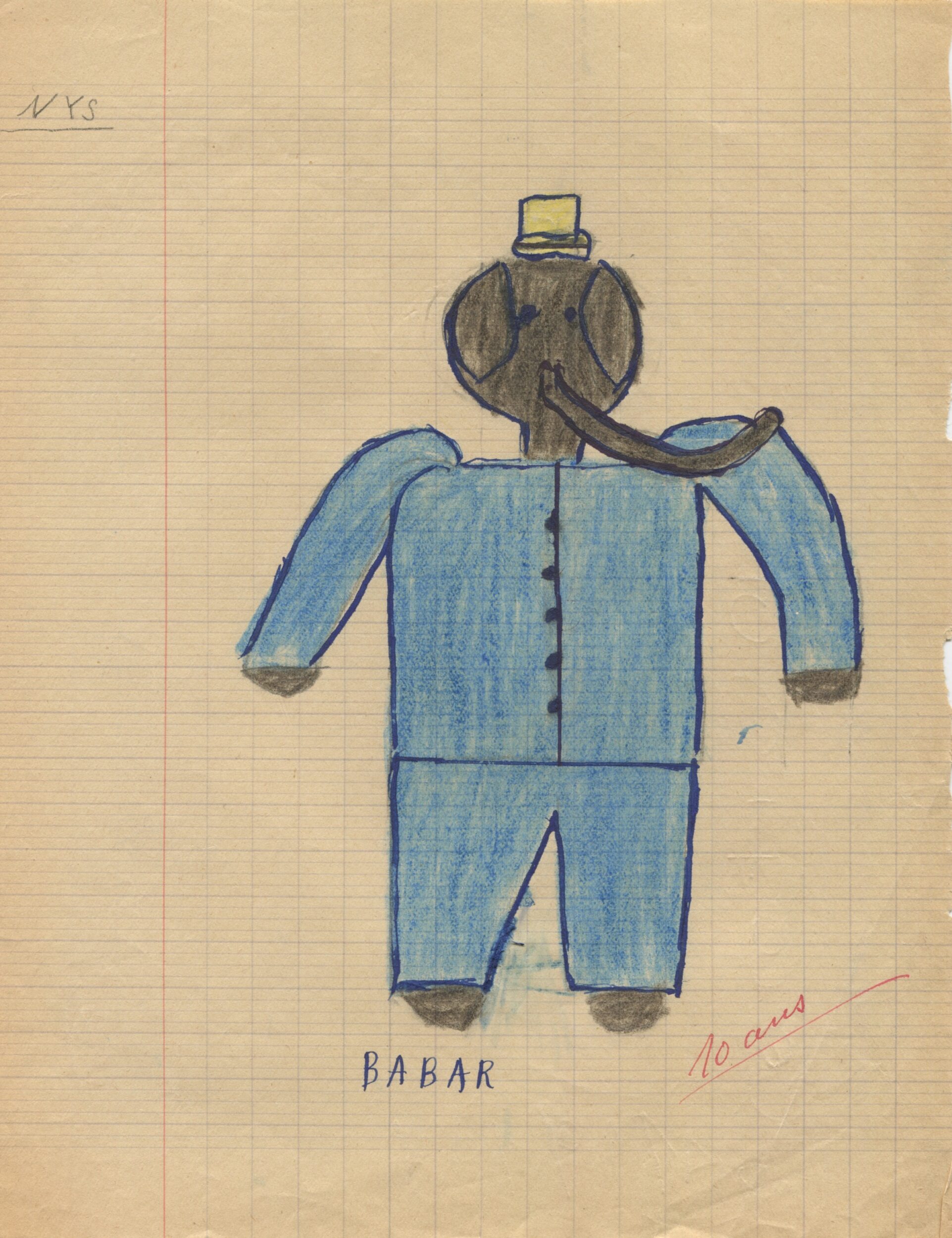 Dessin d'élève de l'École de filles de la rue Küss, réalisé à partir d'une représentation d'Une Aventure de Babar (1936) à Paris, recto, 1936, SHT, Fonds Léon Chancerel, Boîte R48(3) (4)