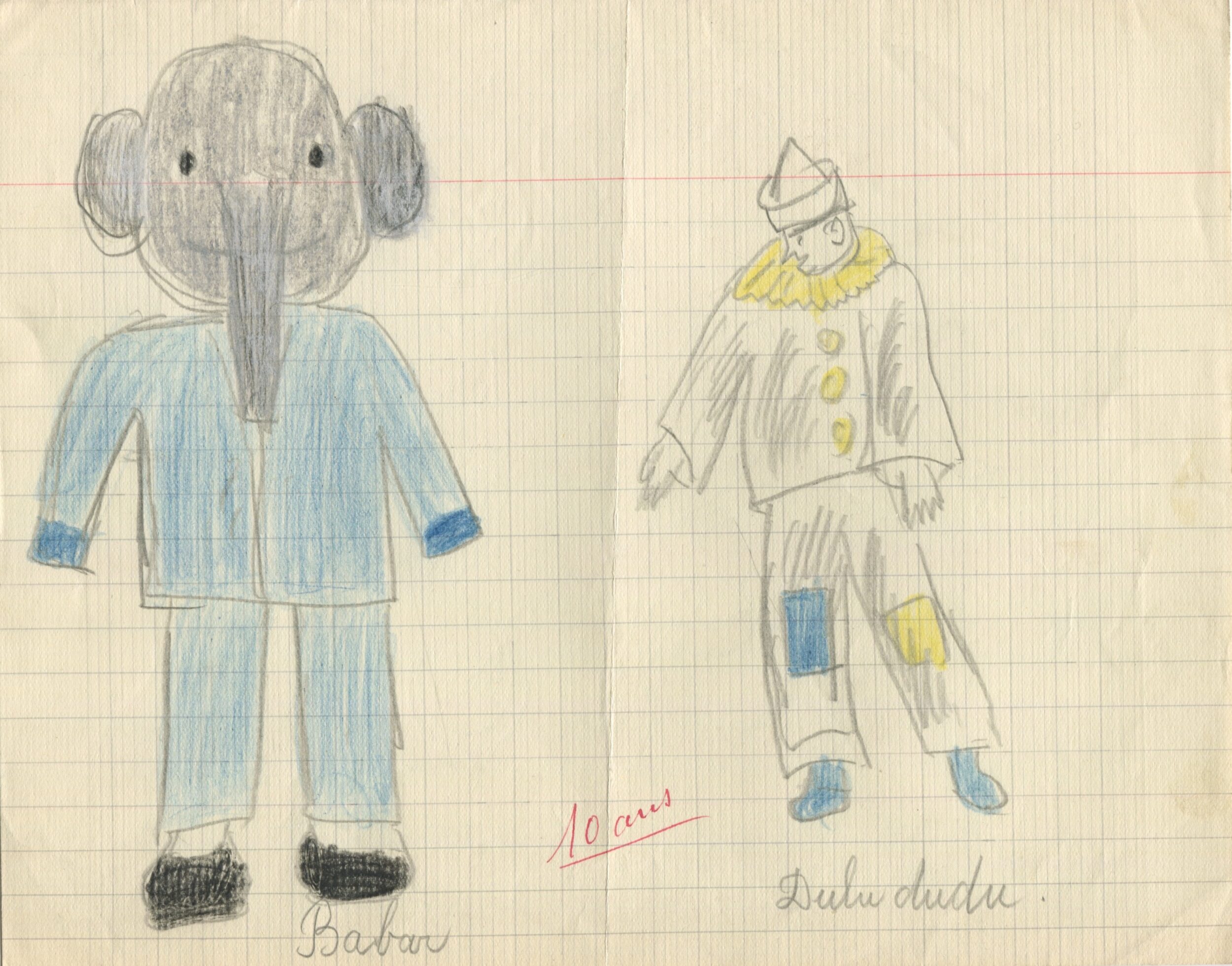 Dessin d'élève de l'École de filles de la rue Küss, réalisé à partir d'une représentation d'Une Aventure de Babar (1936) à Paris, recto, 1936, SHT, Fonds Léon Chancerel, Boîte R48(3) (4)