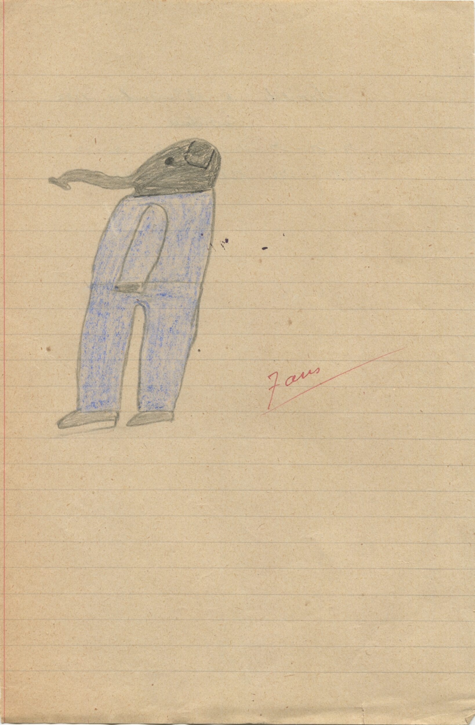 Dessin d'élève de l'École de filles de la rue Küss, réalisé à partir d'une représentation d'Une Aventure de Babar (1936) à Paris, recto, 1936, SHT, Fonds Léon Chancerel, Boîte R48(3) (4)