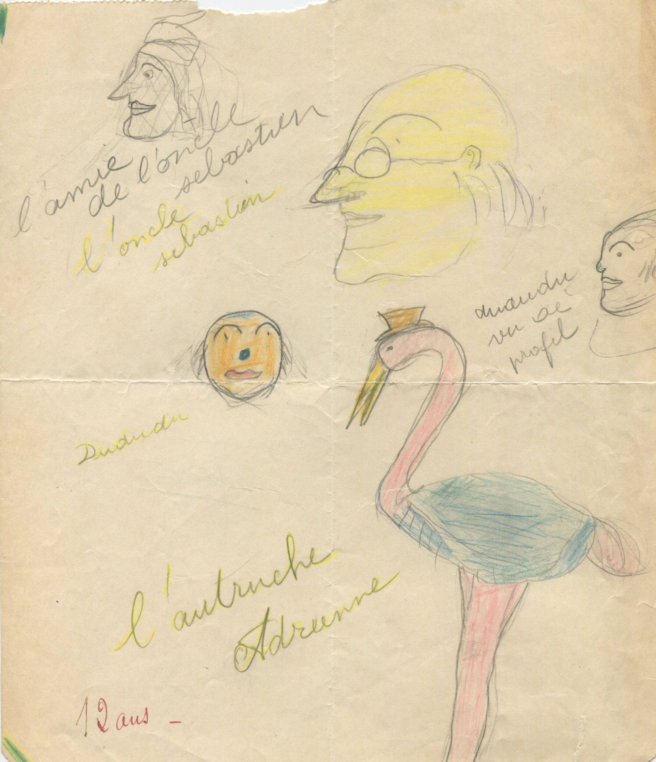 Dessin d'élève de l'École de filles de la rue Küss, réalisé à partir d'une représentation d'Une Aventure de Babar (1936) à Paris, recto, 1936, SHT, Fonds Léon Chancerel, Boîte R48(3) (4)
