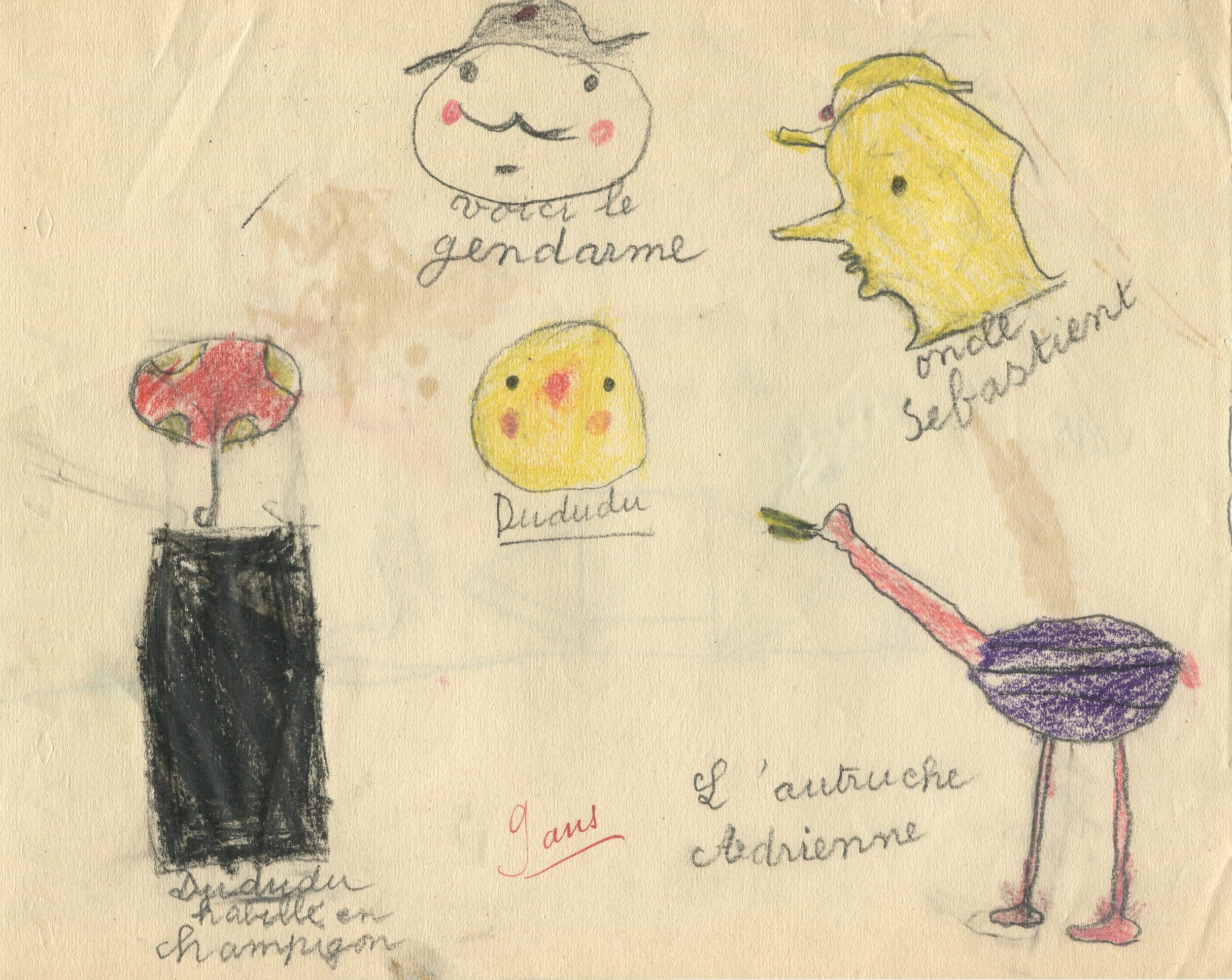 Dessin d'élève de l'École de filles de la rue Küss, réalisé à partir d'une représentation d'Une Aventure de Babar (1936) à Paris, recto, 1936, SHT, Fonds Léon Chancerel, Boîte R48(3) (4)