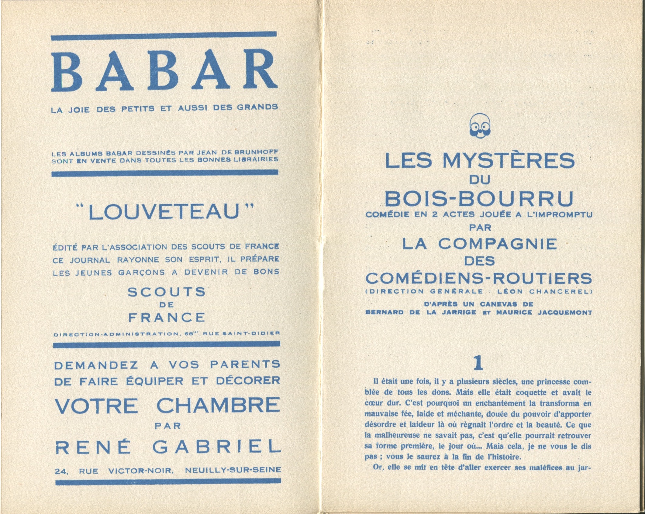 Programme des Mystères du Bois-Bourru, Comédiens Routiers, 1935, SHT, Fonds Léon Chancerel, Boîte R43