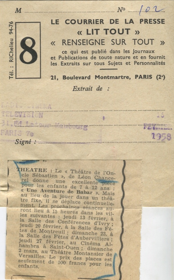 Coupure de presse concernant Une Aventure de Babar, surmontée du bandeau du prestataire de veille de la SHT, "Lit tout", février 1958, SHT, Fonds Léon Chancerel,  Boîte BIV
