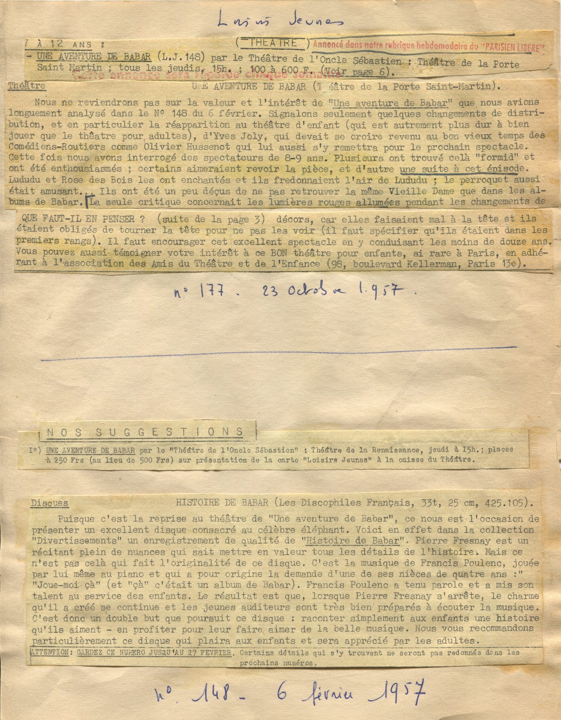 Coupures de presse concernant Une Aventure de Babar et Une histoire de Babar, Loisirs Jeunes, février et octobre 1956,  SHT, Fonds Léon Chancerel,  Boîte BIV