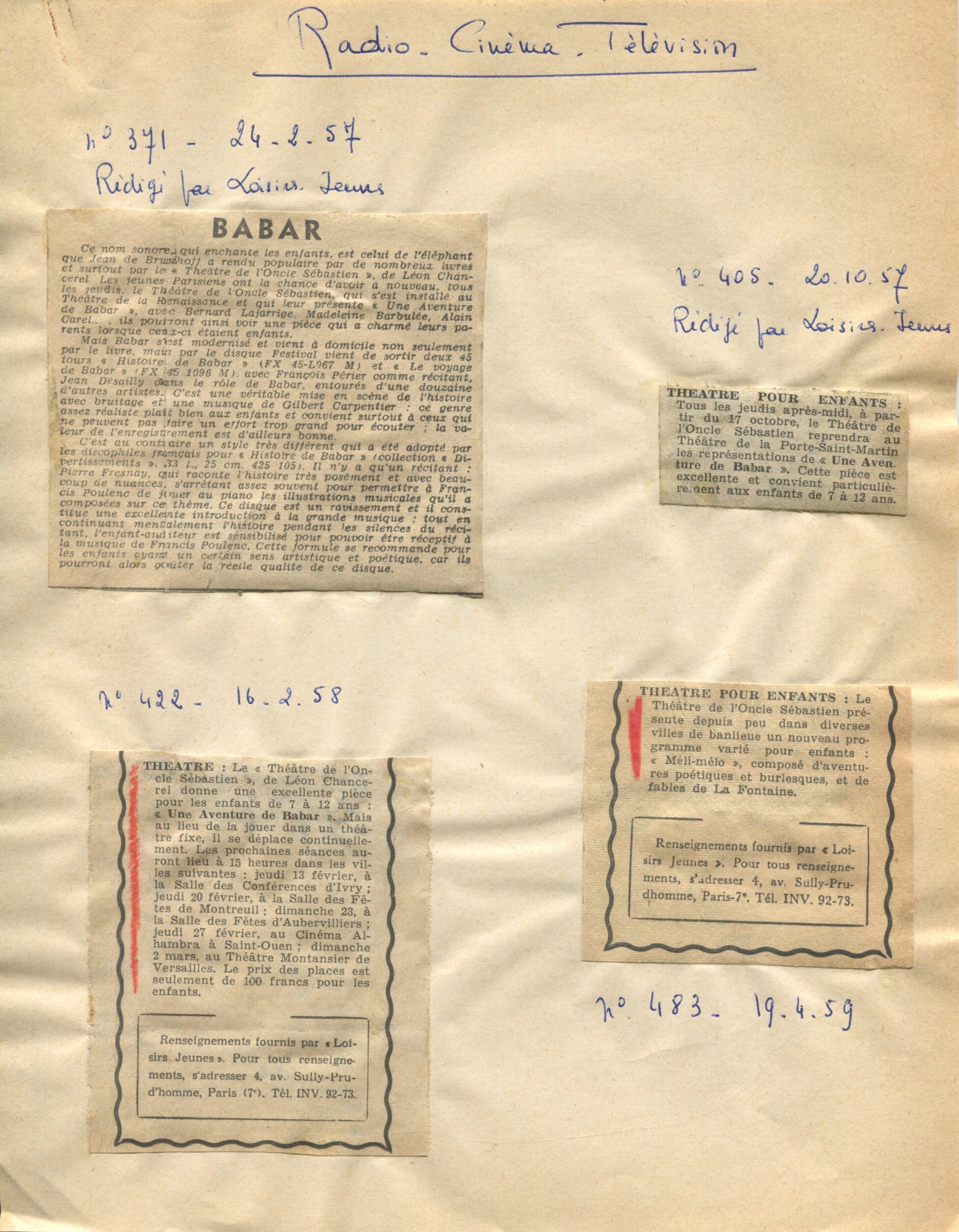 Coupures de presse concernant Une Aventure de Babar et Une histoire de Babar, Loisirs Jeunes, février 1957,  SHT, Fonds Léon Chancerel,  Boîte BIV