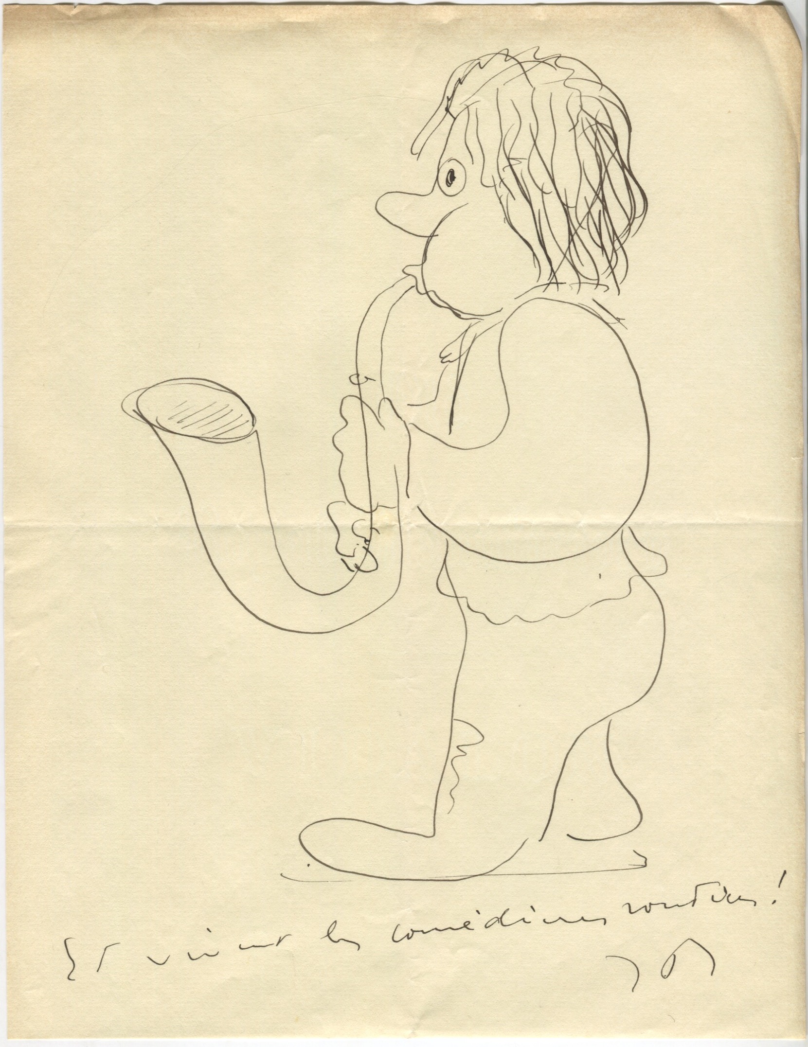 Dessin de Jean de Brunhoff envoyé à Léon Chancerel avec une lettre du 22 janvier 1935, SHT, Fonds Léon Chancerel,  Boîte BIV (1)