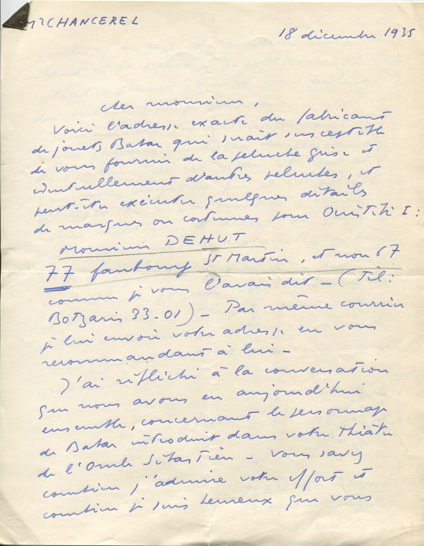 Lettre de Jean de Brunhoff à Léon Chancerel, 18 décembre 1935,  SHT, Fonds Léon Chancerel,  Boîte BIV (1)