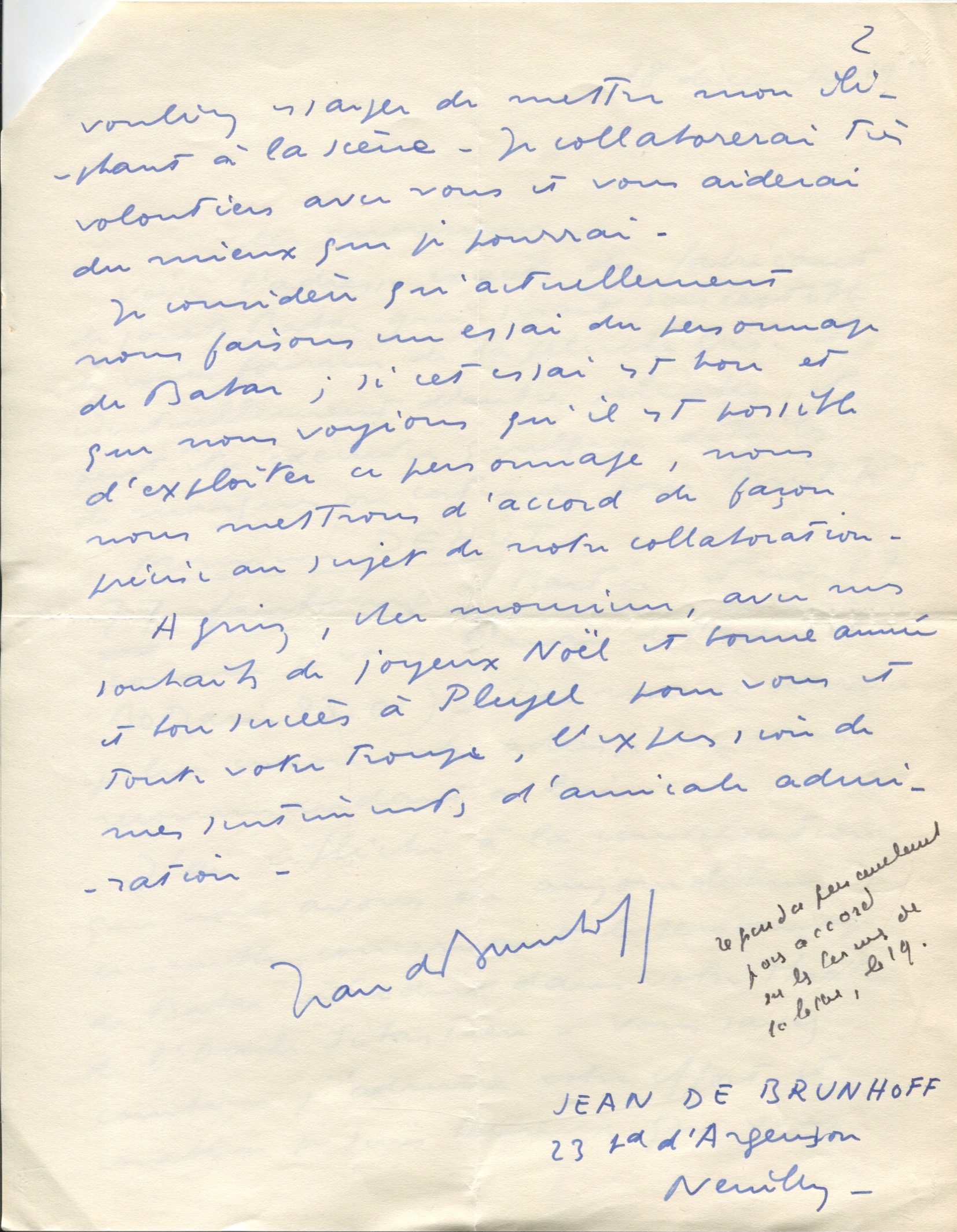 Lettre de Jean de Brunhoff à Léon Chancerel, 18 décembre 1935,  SHT, Fonds Léon Chancerel,  Boîte BIV (1)
