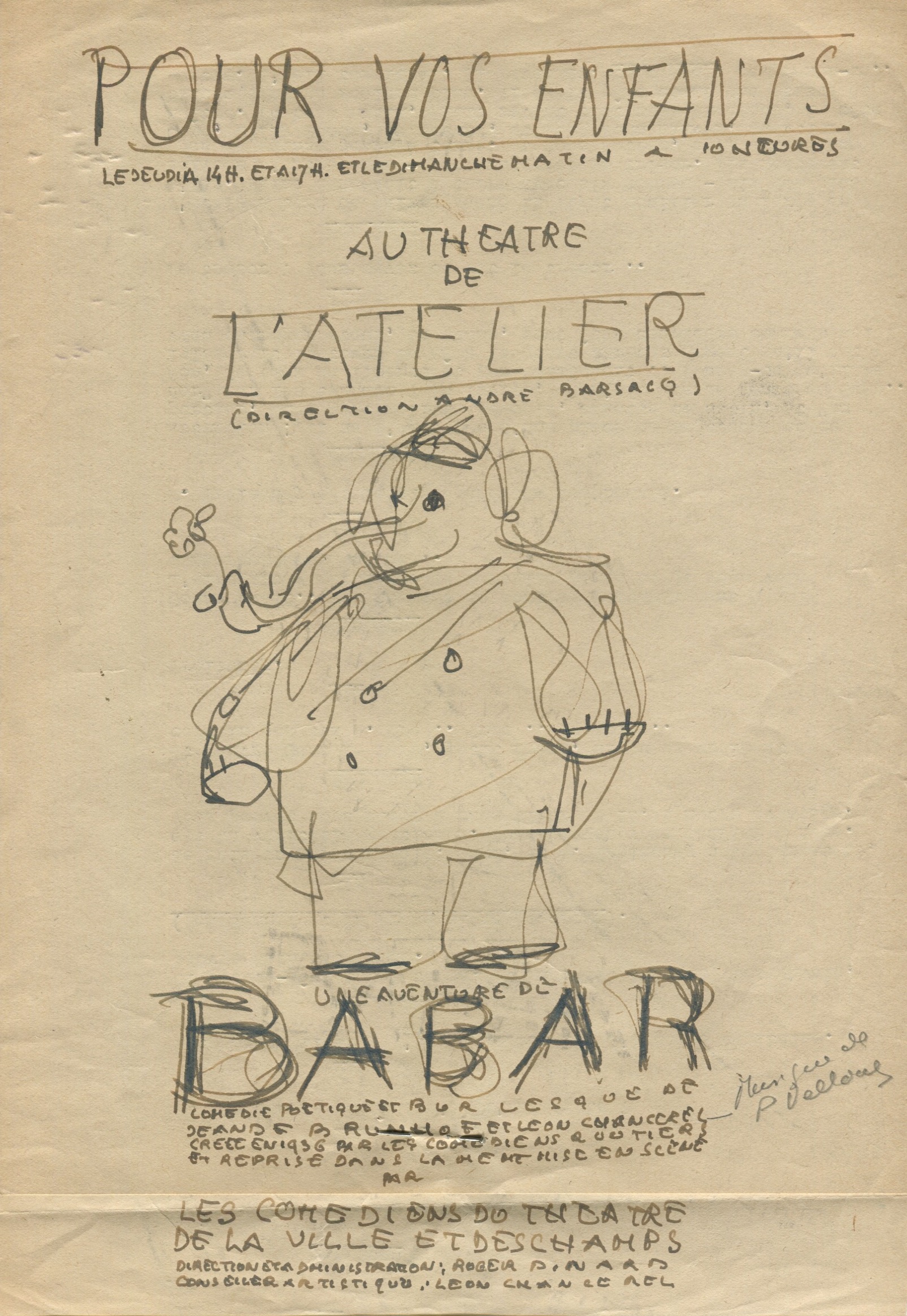 Épreuve d'un programme pour Une Aventure de Babar, Théâtre de la Ville et des Champs, s.d (c. 1957 ?), SHT, Fonds Léon Chancerel, Boîte R43