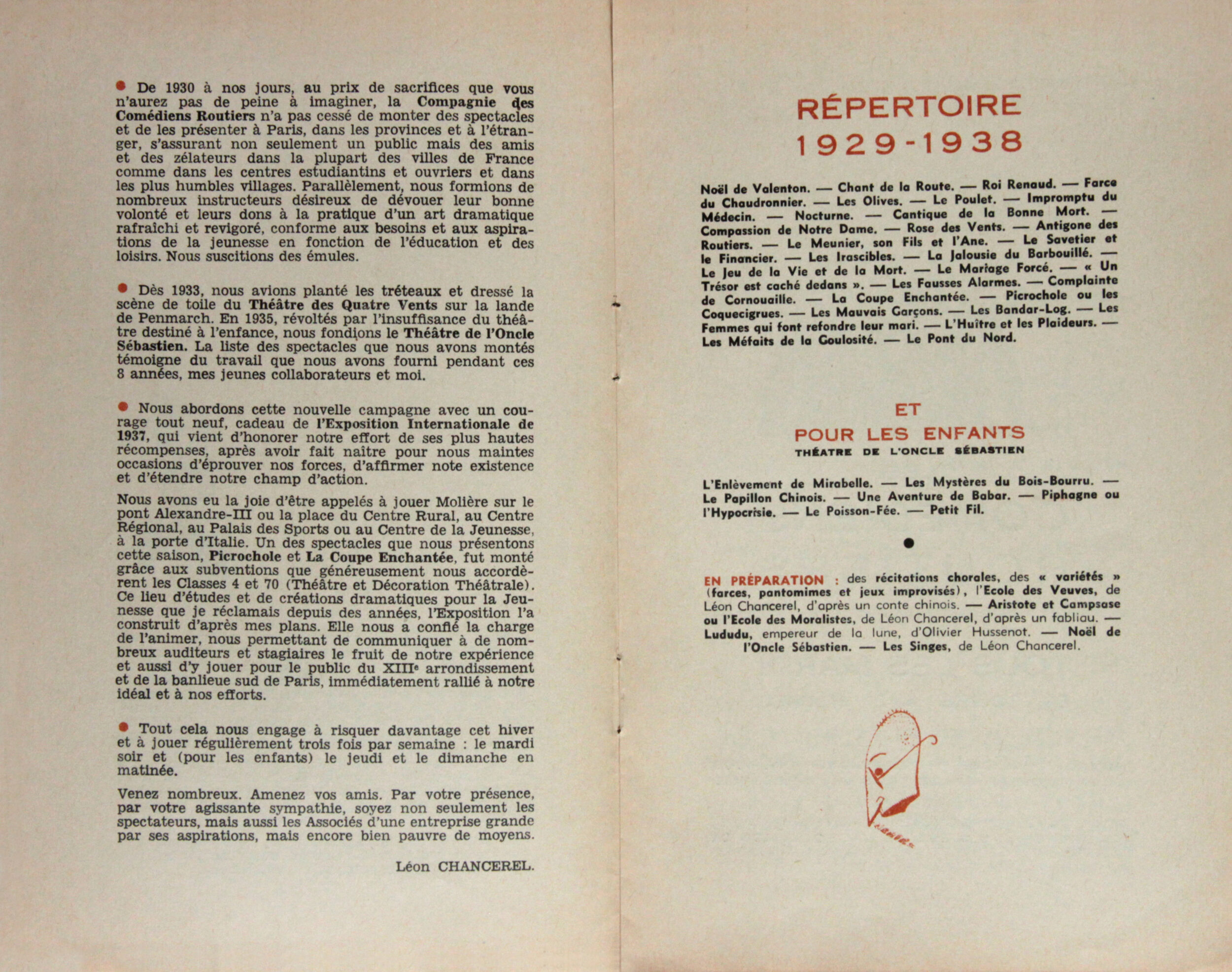 Programme Théâtre de l'Oncle Sébastien 1928-1938, 1938, SHT, Fonds Léon Chancerel,  Boîte R43
