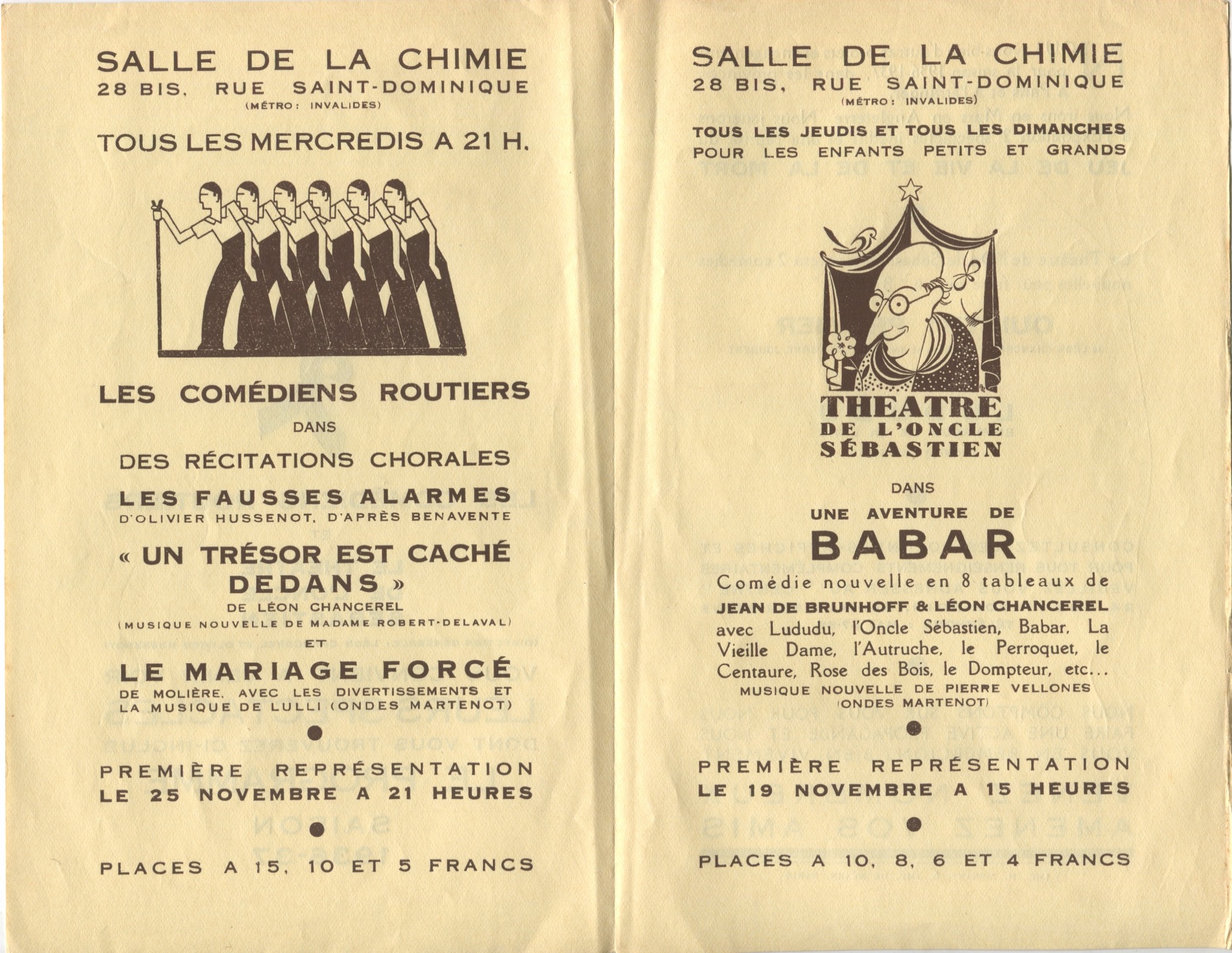 Programme des Récitations Chorales/Une Aventure de Babar, Comédiens Routiers et Théâtre de l'Oncle Sébastien, s.d. (1936 ?), SHT, Fonds Léon Chancerel, Boîte R43