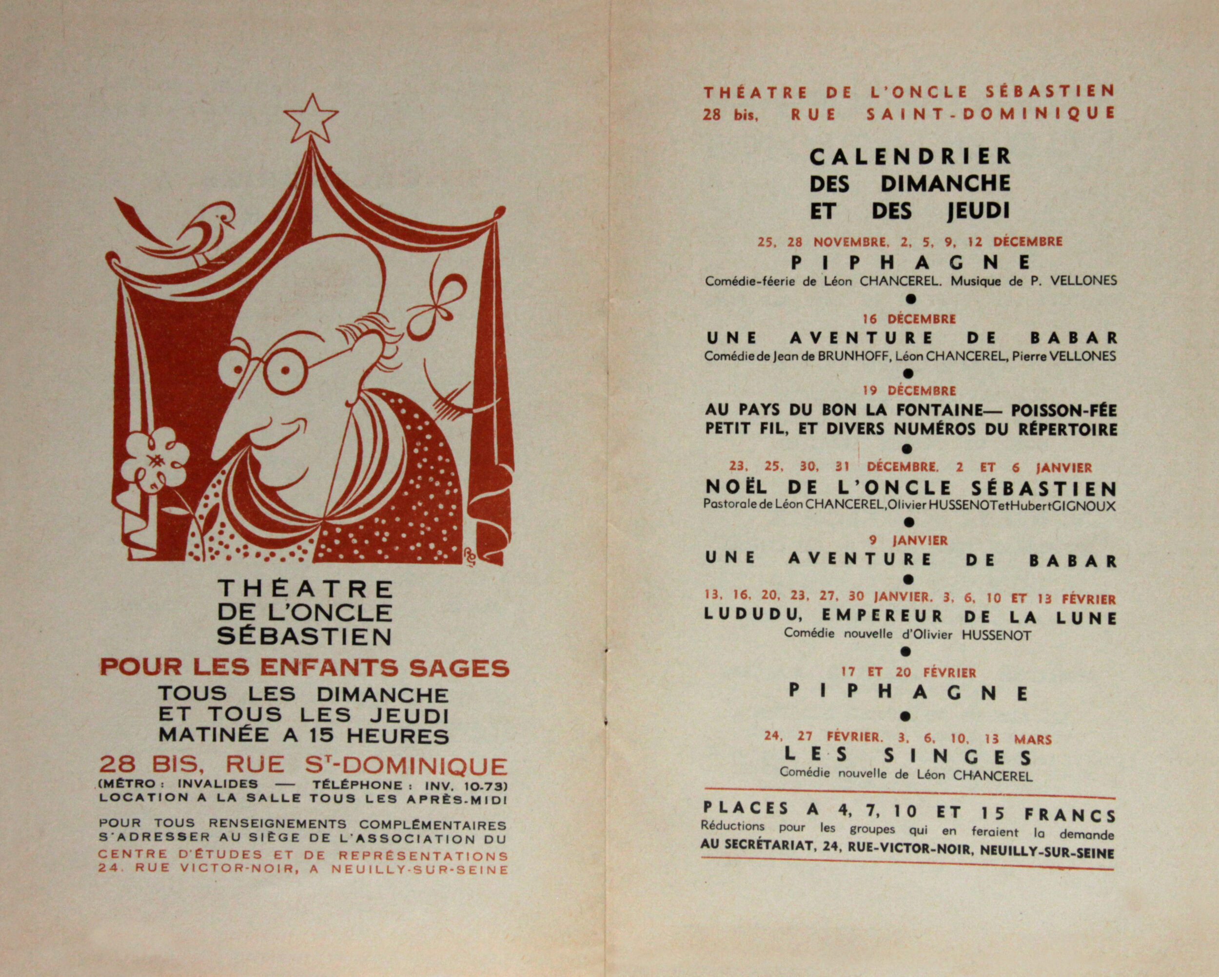 Programme du Théâtre de l'Oncle Sébastien, s.d. (1938 ?), SHT, Fonds Léon Chancerel, Boîte R43