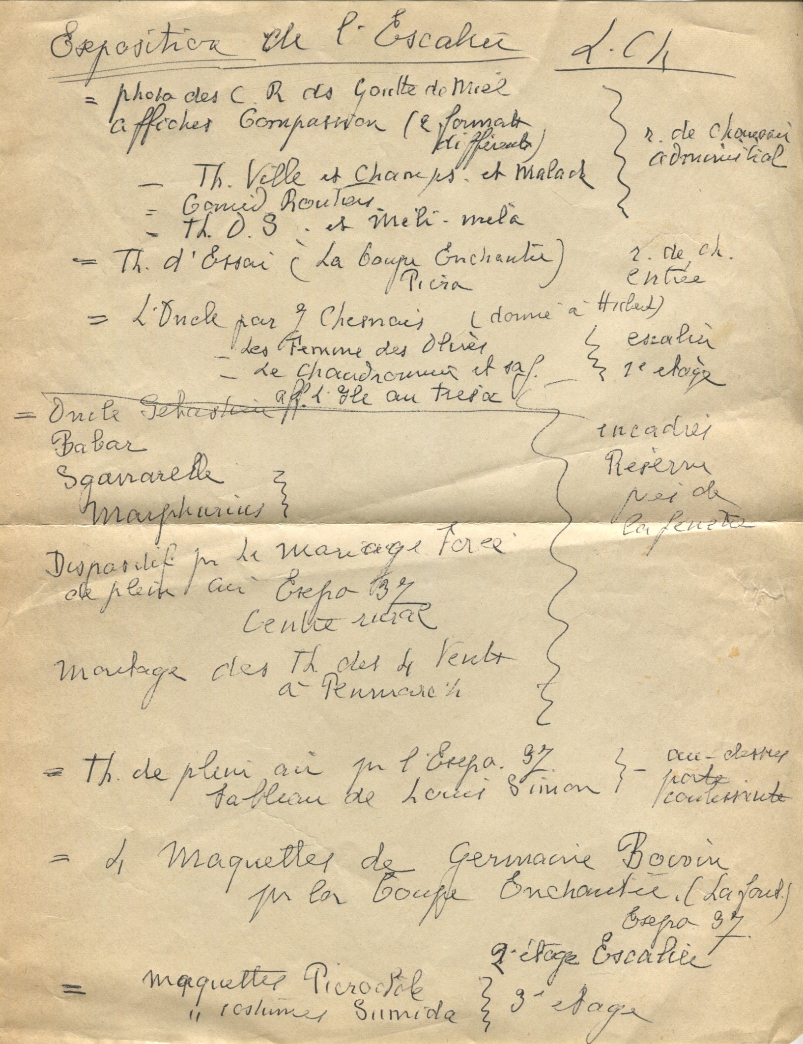 Notes manuscrites de Léon Chancerel, rédigées en vue de la programmation du Pavillon de la Femme et de l’Enfant à  l'Exposition Universelle, 1937, SHT, Fonds Léon Chancerel, Boîte R43