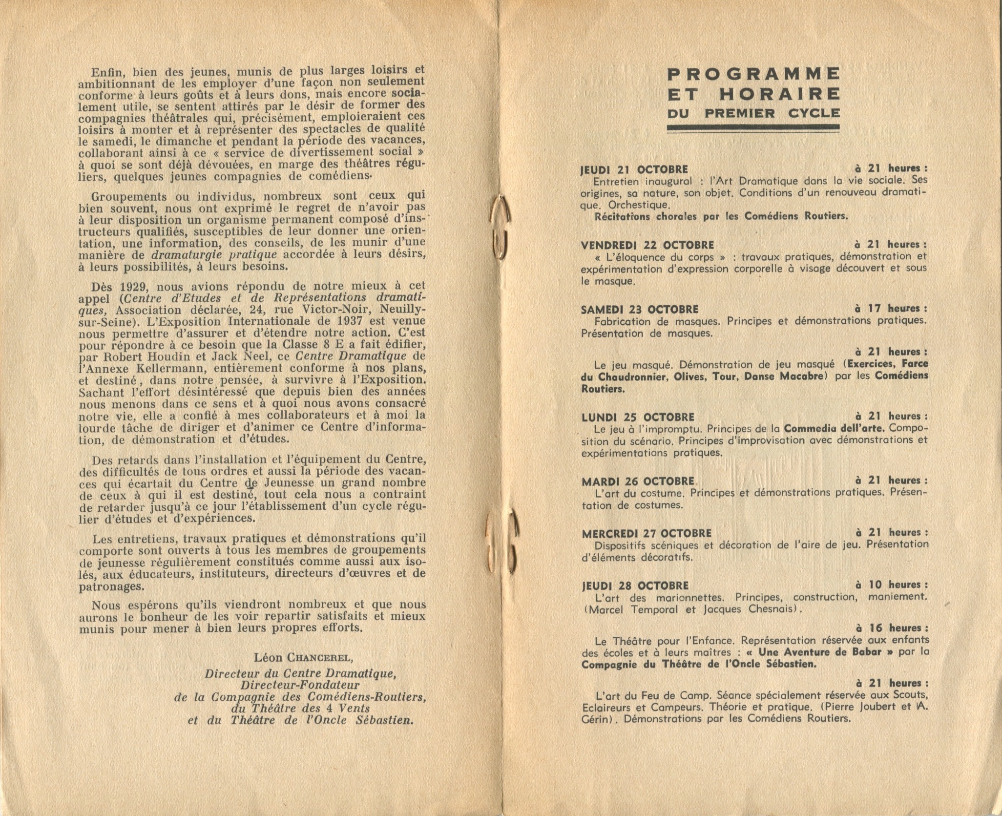 Programmation du Pavillon de la Femme et de l’Enfant à  l'Exposition Universelle, 1937, SHT, Fonds Léon Chancerel, Boîte R43