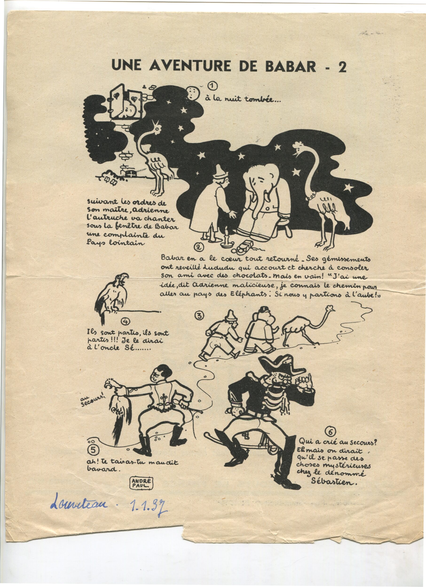  Coupure de presse, bande-dessinée tirée d'Une Aventure de Babar, dessins d'André Paul, Louveteau. Journal mensuel des Meutes Scouts De France, 1er janvier 1937, SHT, Fonds Léon Chancerel,  Boîte R48(3)