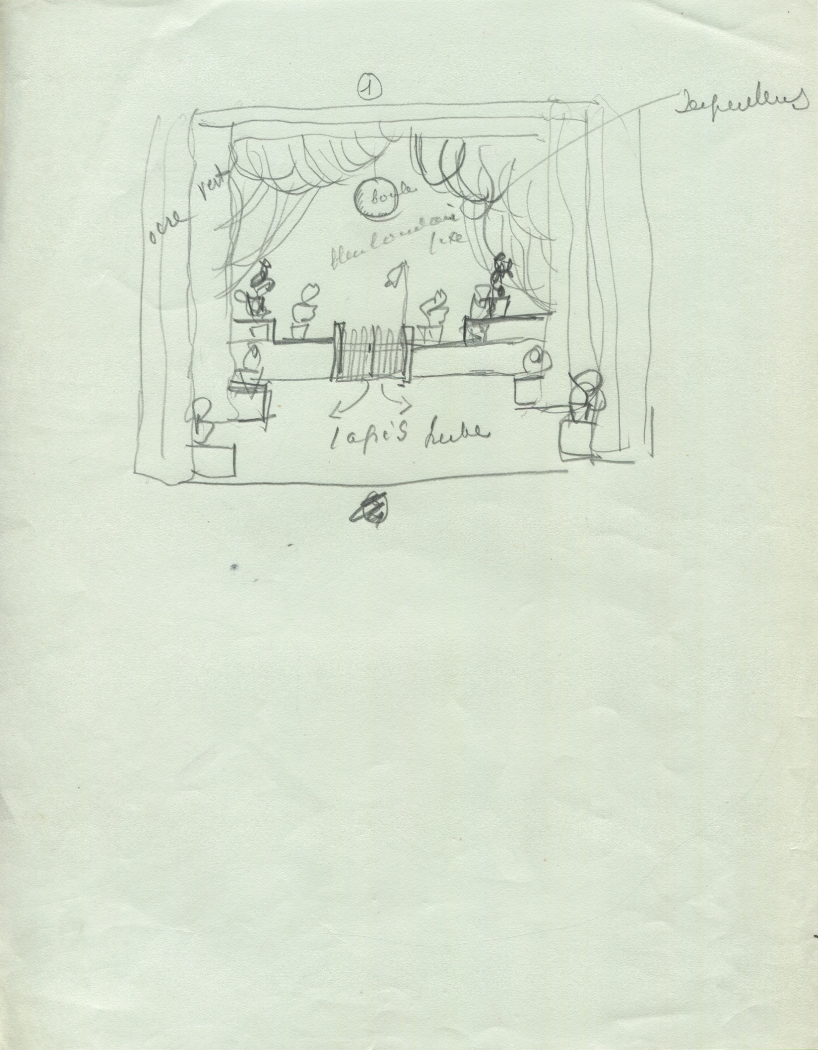 Croquis scénographique pour Une Aventure de Babar, Théâtre de l'Oncle Sébastien, s.a. (Léon Chancerel ?), s.d. (1935 ?), SHT, Fonds Léon Chancerel, Boîte BIV (1)