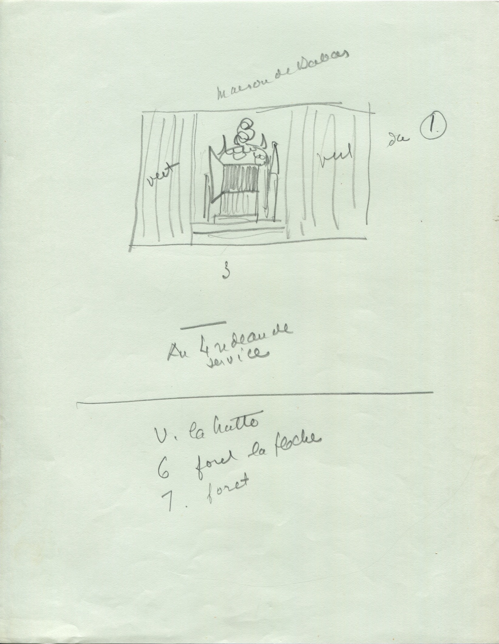 Croquis scénographique pour Une Aventure de Babar, Théâtre de l'Oncle Sébastien, s.a. (Léon Chancerel ?), s.d. (1935 ?), SHT, Fonds Léon Chancerel, Boîte BIV (1)