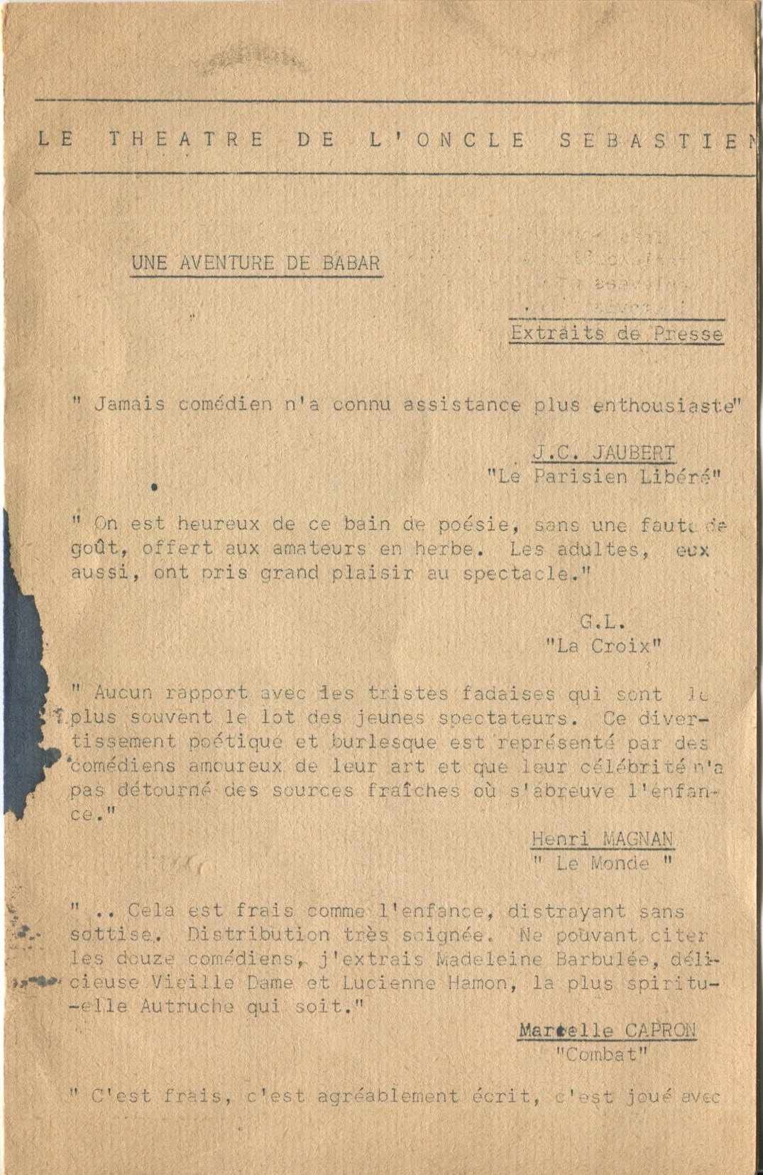 Épreuve d'un programme publicitaire pour Une Aventure de Babar recueillant des extraits de critiques médiatiques, 1936, SHT, Fonds Léon Chancerel, Boîte BIV (1)