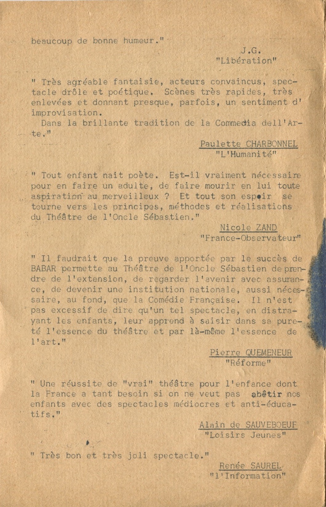 Épreuve pour un programme publicitaire pour Une Aventure de Babar recueillant des extraits de critiques médiatiques, 1936, SHT, Fonds Léon Chancerel, Boîte BIV (1)