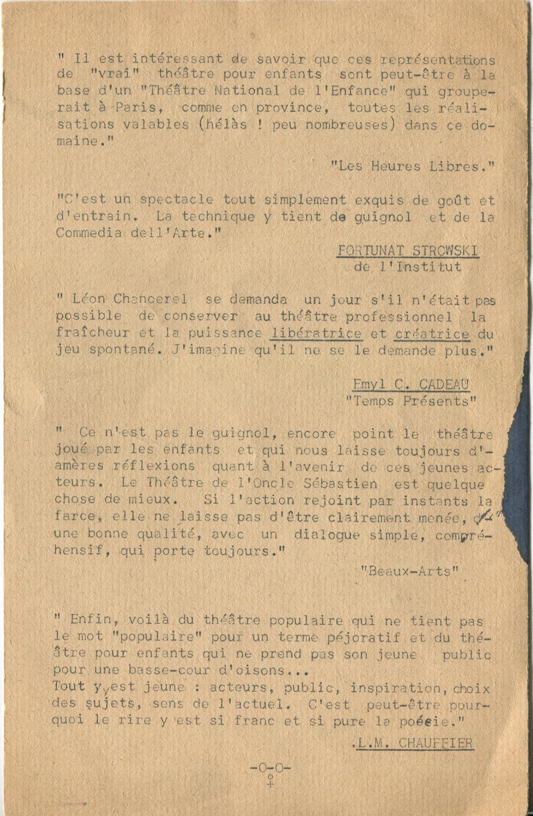 Épreuve pour un programme publicitaire pour Une Aventure de Babar recueillant des extraits de critiques médiatiques, 1936, SHT, Fonds Léon Chancerel, Boîte BIV (1)