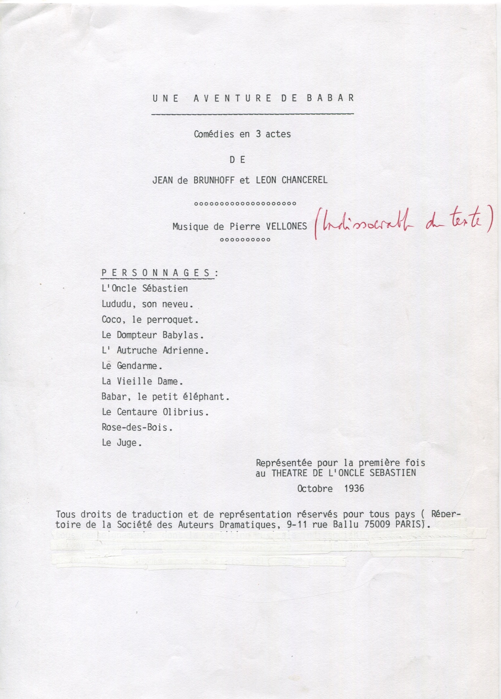 Liste du personnel dramatique figurant sur la première page du cahier de régie d'Une Aventure de Babar, 1936, SHT, Fonds Léon Chancerel, Boîte BIV (1)