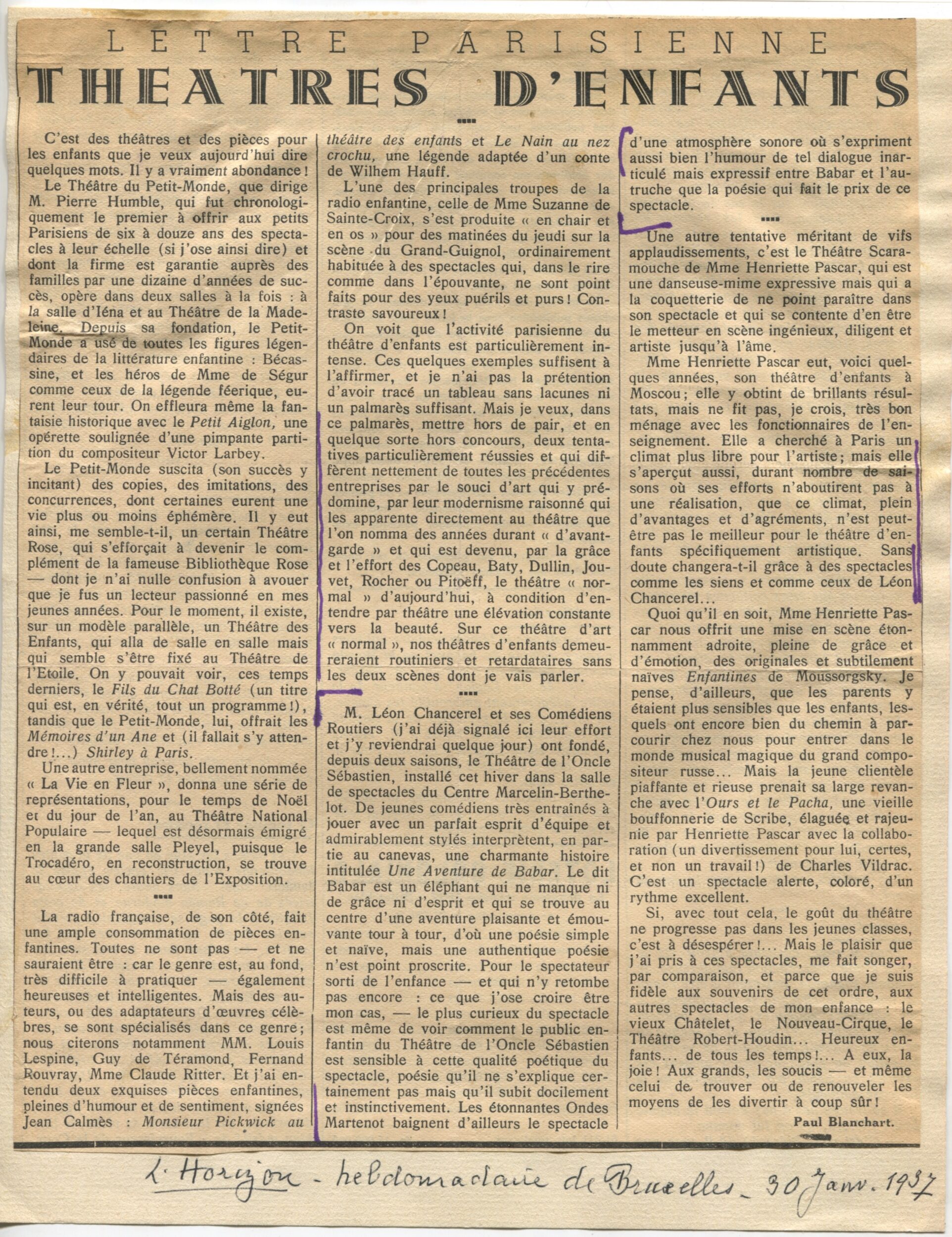 Coupure de presse, L'Horizon, 30 janvier 1937, SHT, Fonds Léon Chancerel, Boîte 48(3)